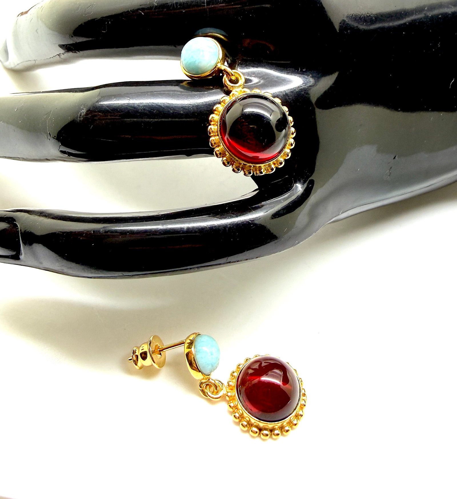 Extraordinary Vintage Amber Earrings with Larimar - 4