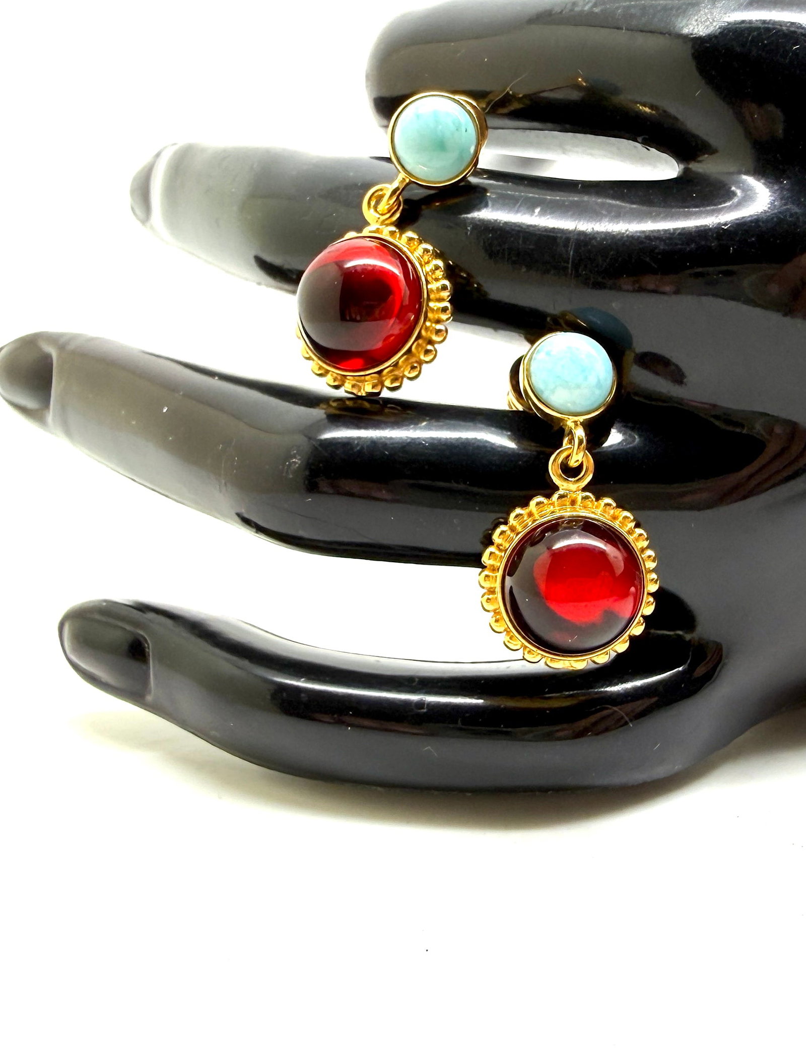 Extraordinary Vintage Amber Earrings with Larimar - 5