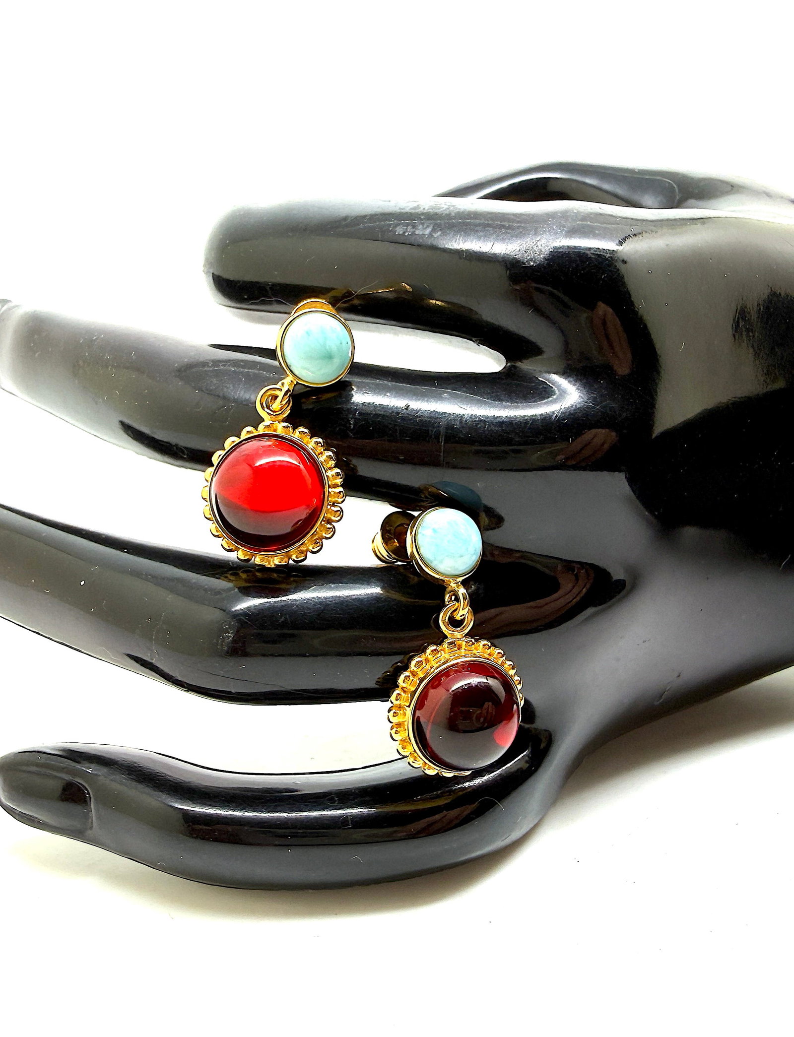 Extraordinary Vintage Amber Earrings with Larimar - 6