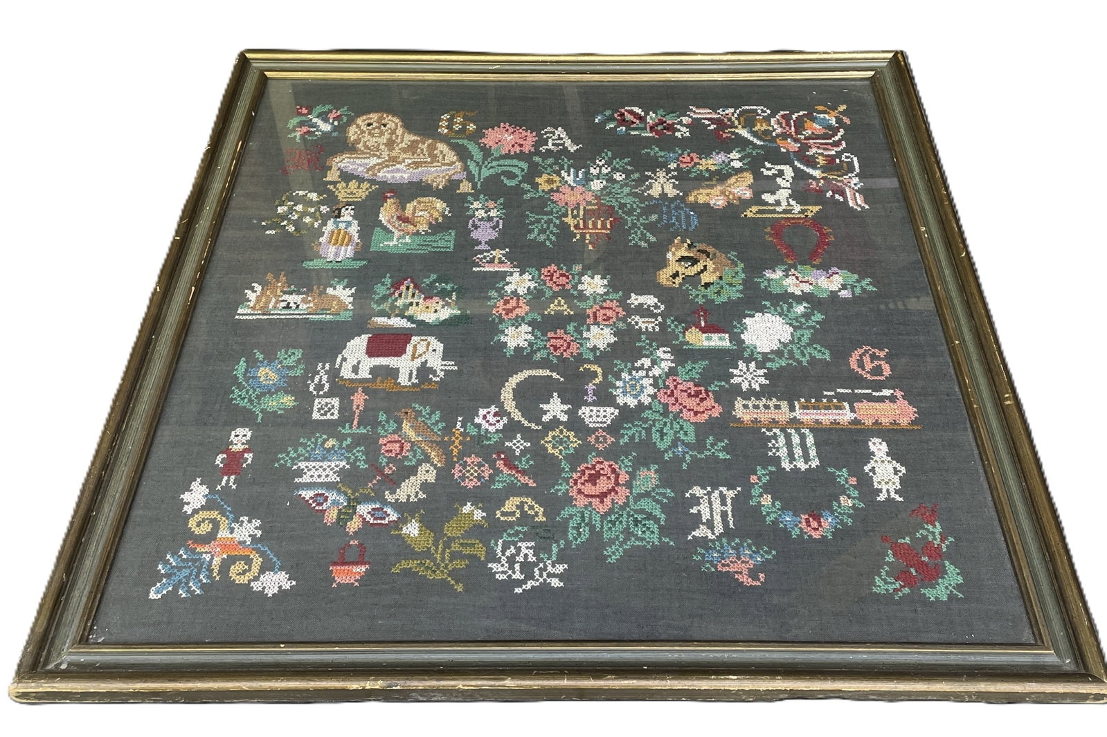 Beautiful LARGE Antique Framed Sampler 28 x 27.5 - 2
