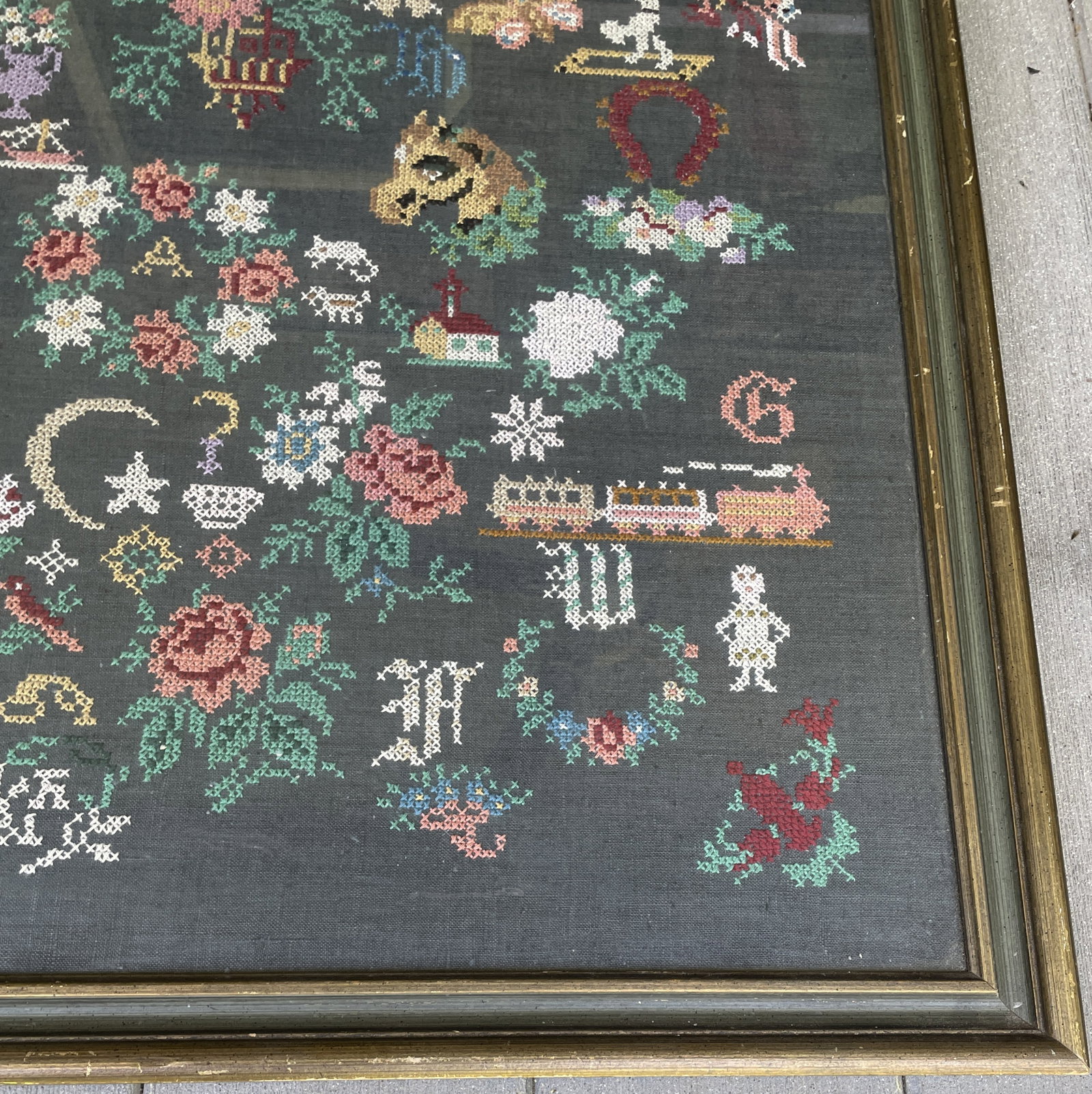 Beautiful LARGE Antique Framed Sampler 28 x 27.5 - 4