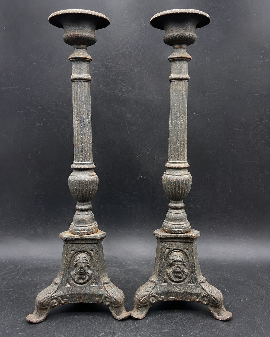 Early Large Cast Iron Candlesticks 16.75" tall - 2