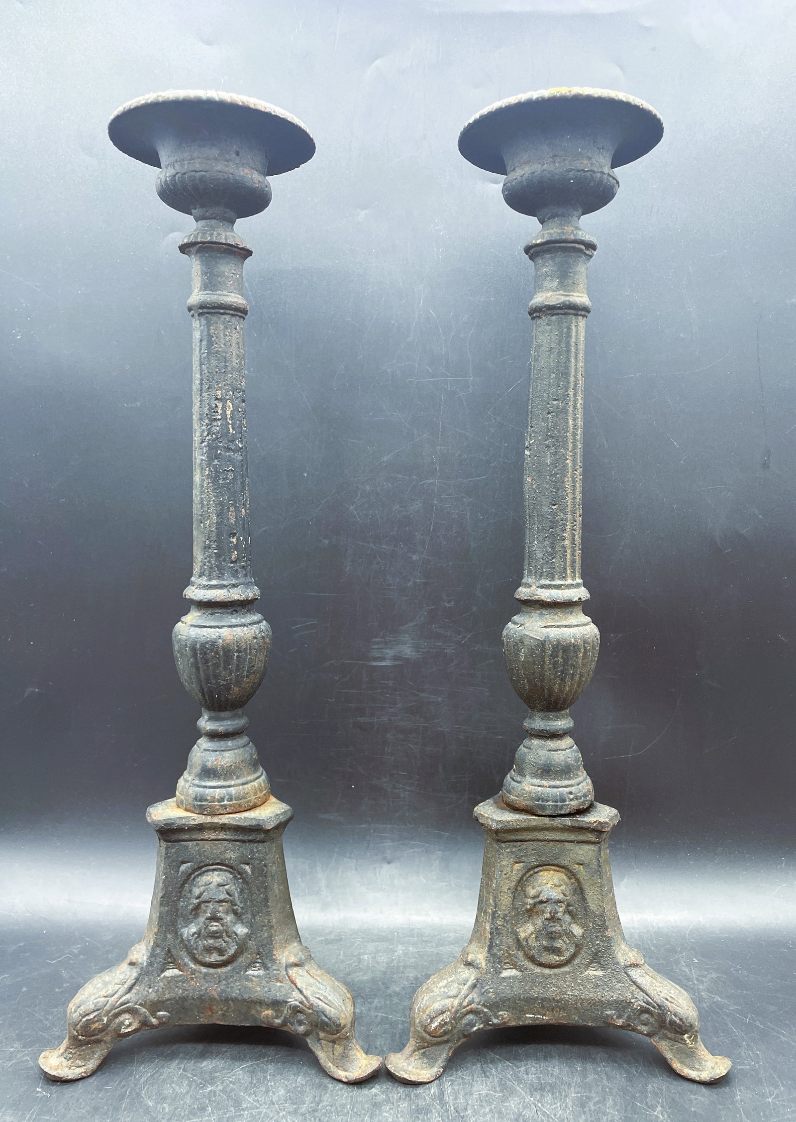 Early Large Cast Iron Candlesticks 16.75" tall - 6