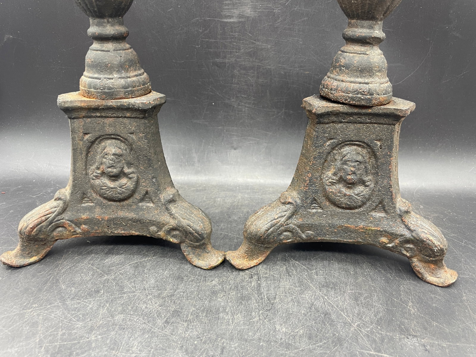 Early Large Cast Iron Candlesticks 16.75" tall - 8