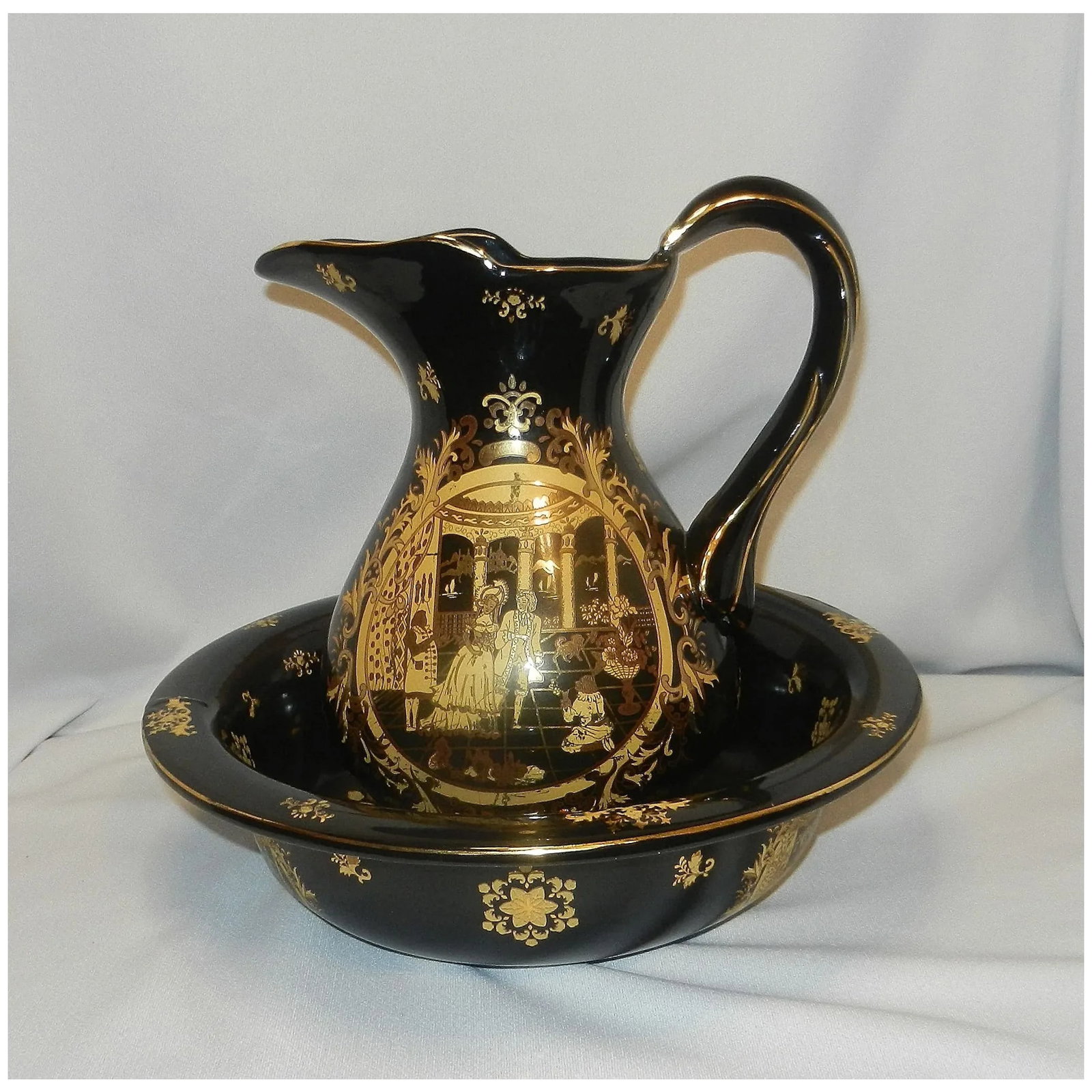 Victorian Limoges Style Hand Painted Black and 22kt Gold Porcelain Basin Bowl & Water Pitcher - 2