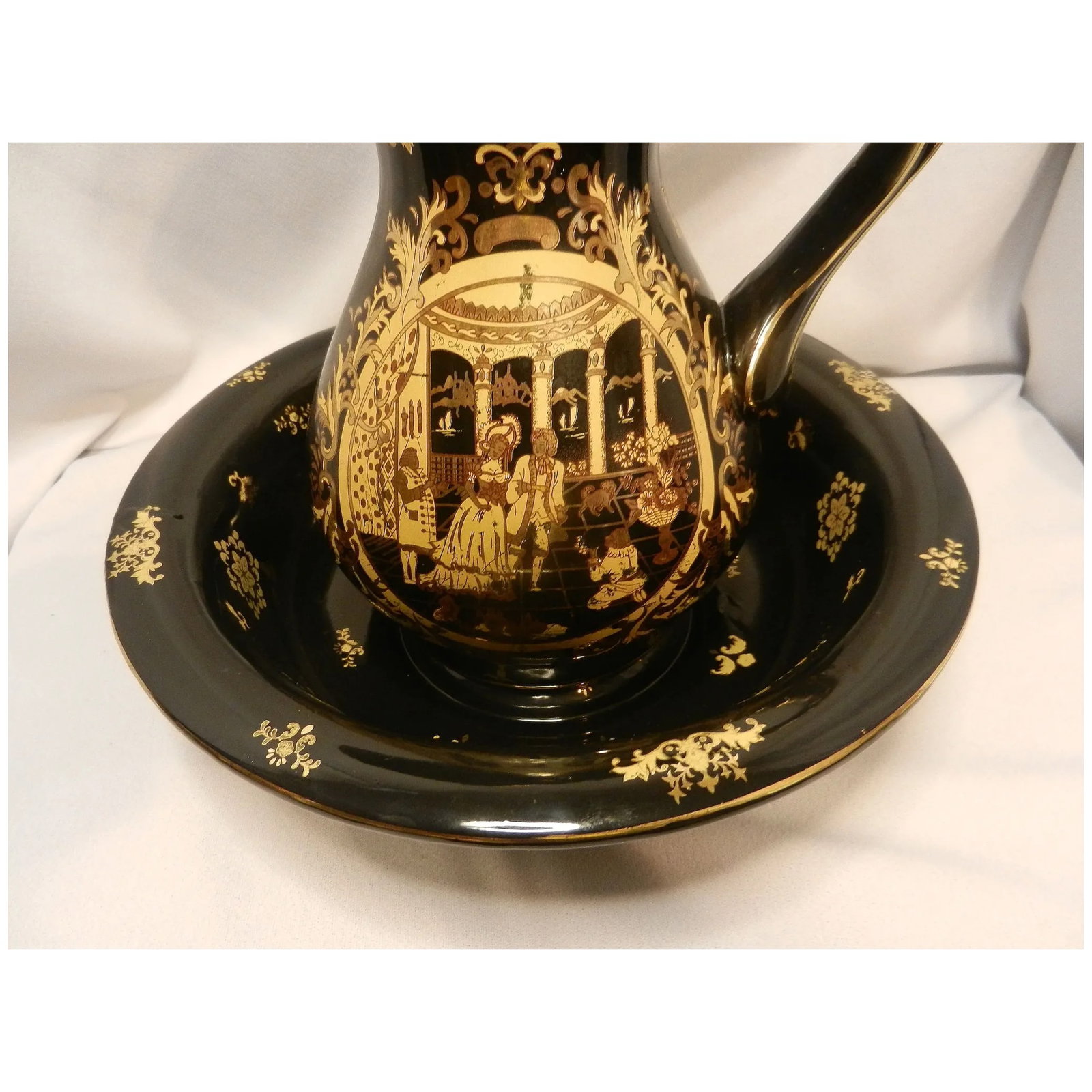 Victorian Limoges Style Hand Painted Black and 22kt Gold Porcelain Basin Bowl & Water Pitcher - 3