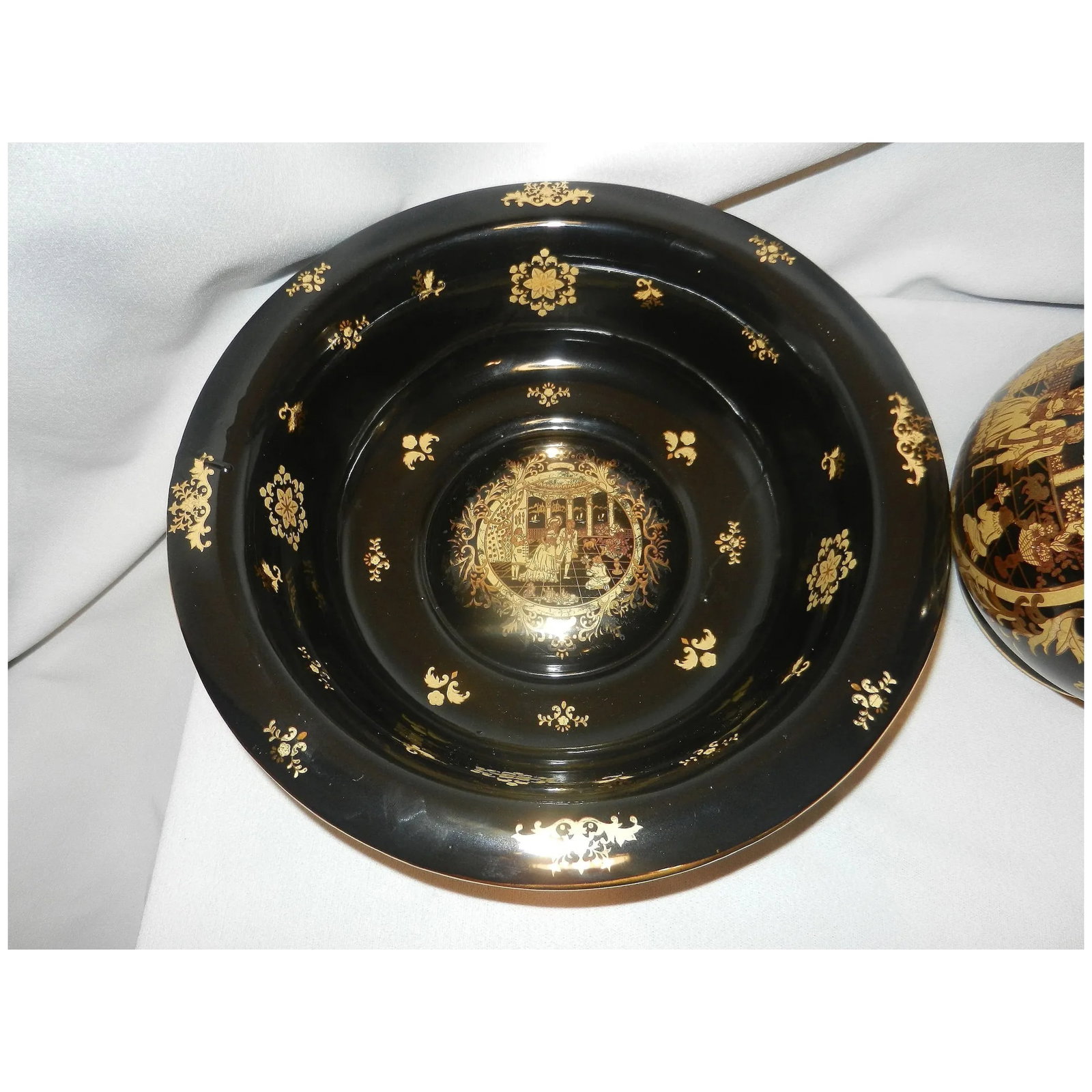 Victorian Limoges Style Hand Painted Black and 22kt Gold Porcelain Basin Bowl & Water Pitcher - 5