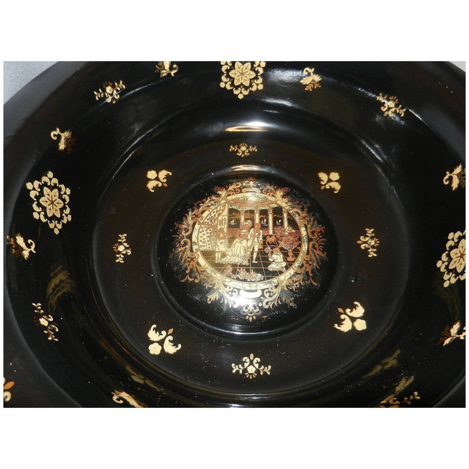 Victorian Limoges Style Hand Painted Black and 22kt Gold Porcelain Basin Bowl & Water Pitcher - 6