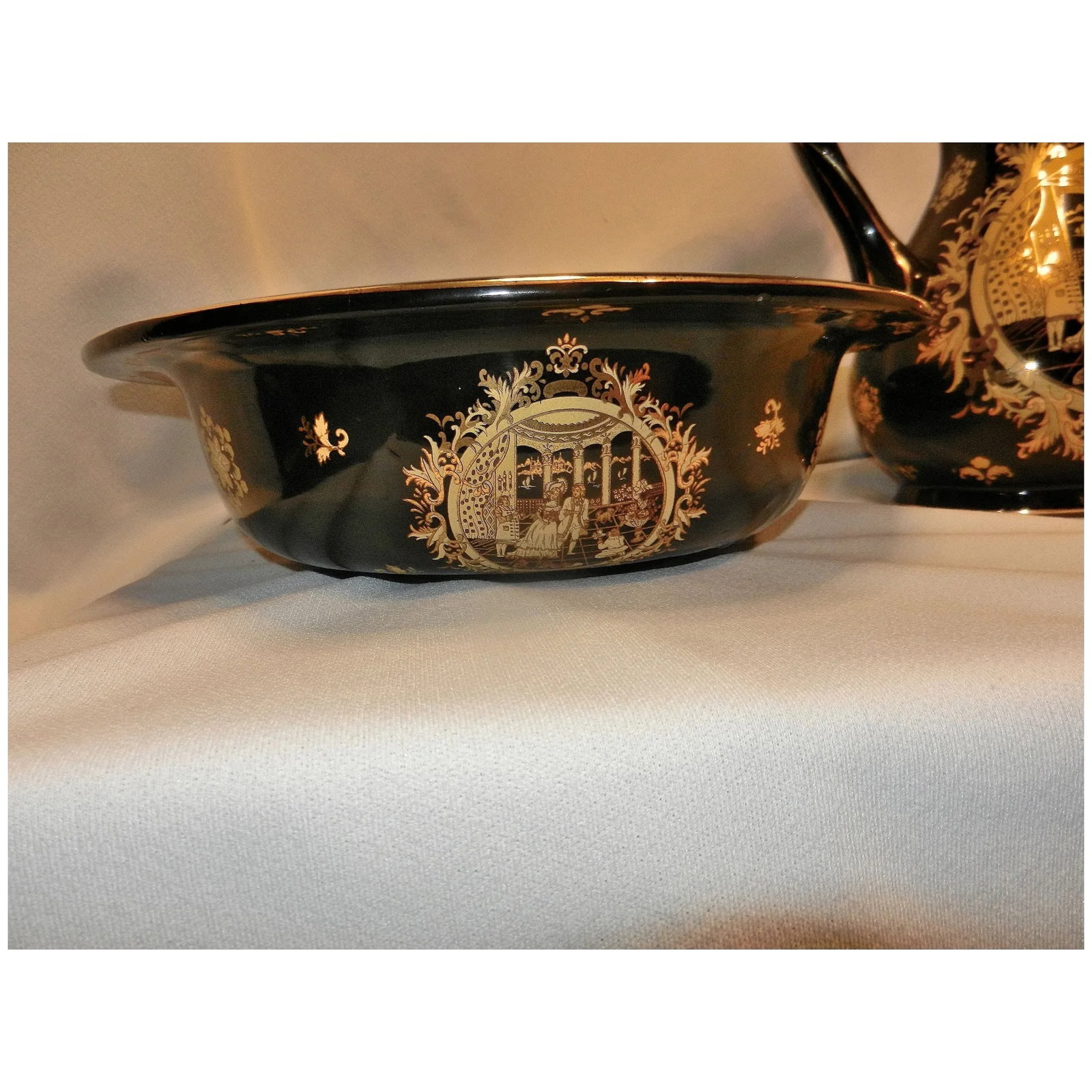 Victorian Limoges Style Hand Painted Black and 22kt Gold Porcelain Basin Bowl & Water Pitcher - 7