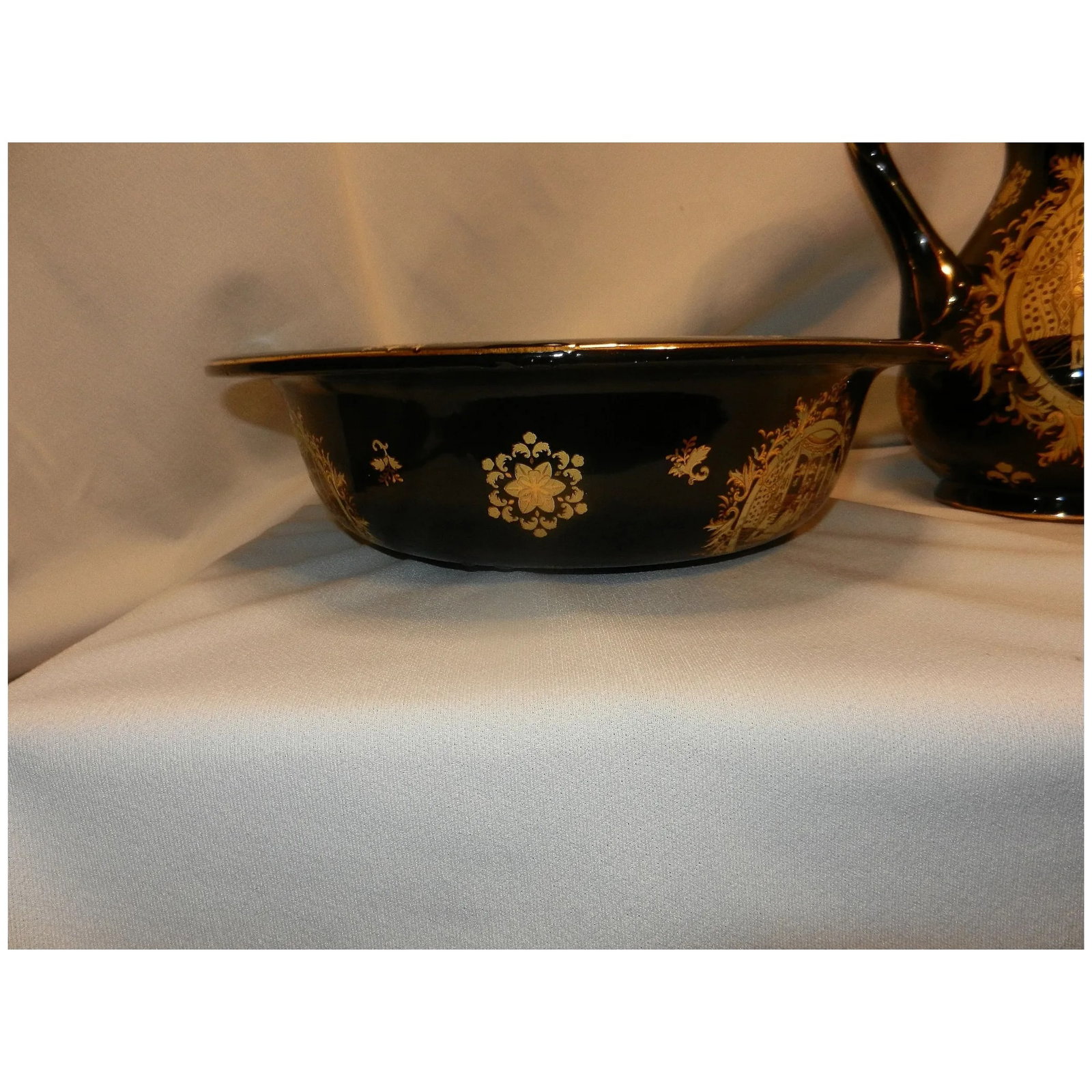 Victorian Limoges Style Hand Painted Black and 22kt Gold Porcelain Basin Bowl & Water Pitcher - 8