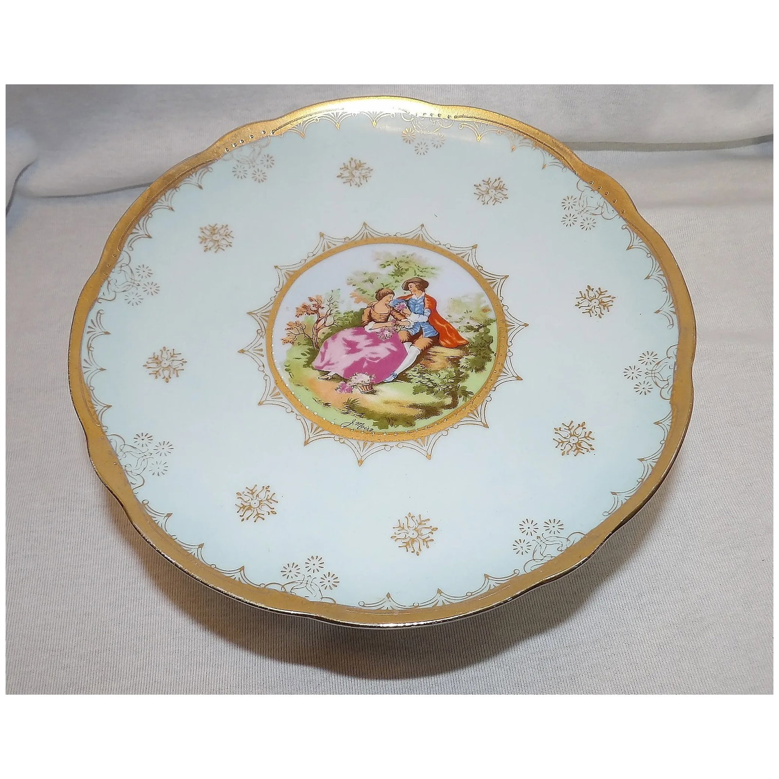 Antique Light Blue Cake Stand Courting Couple Circa 1920 Beehive or Shield Mark Back Stamp Signed J - 2