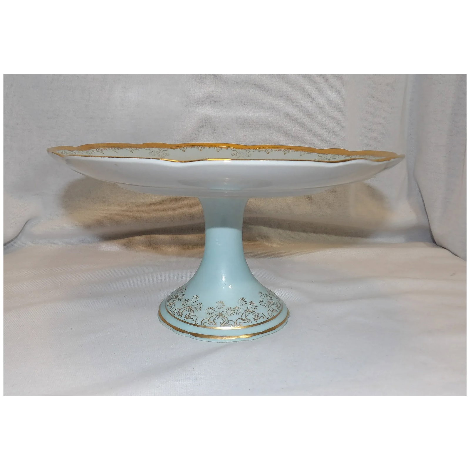 Antique Light Blue Cake Stand Courting Couple Circa 1920 Beehive or Shield Mark Back Stamp Signed J - 3