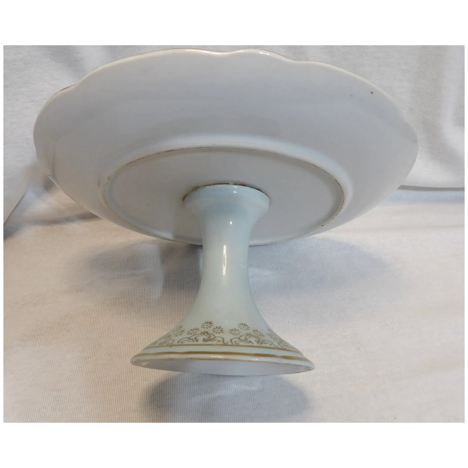 Antique Light Blue Cake Stand Courting Couple Circa 1920 Beehive or Shield Mark Back Stamp Signed J - 4