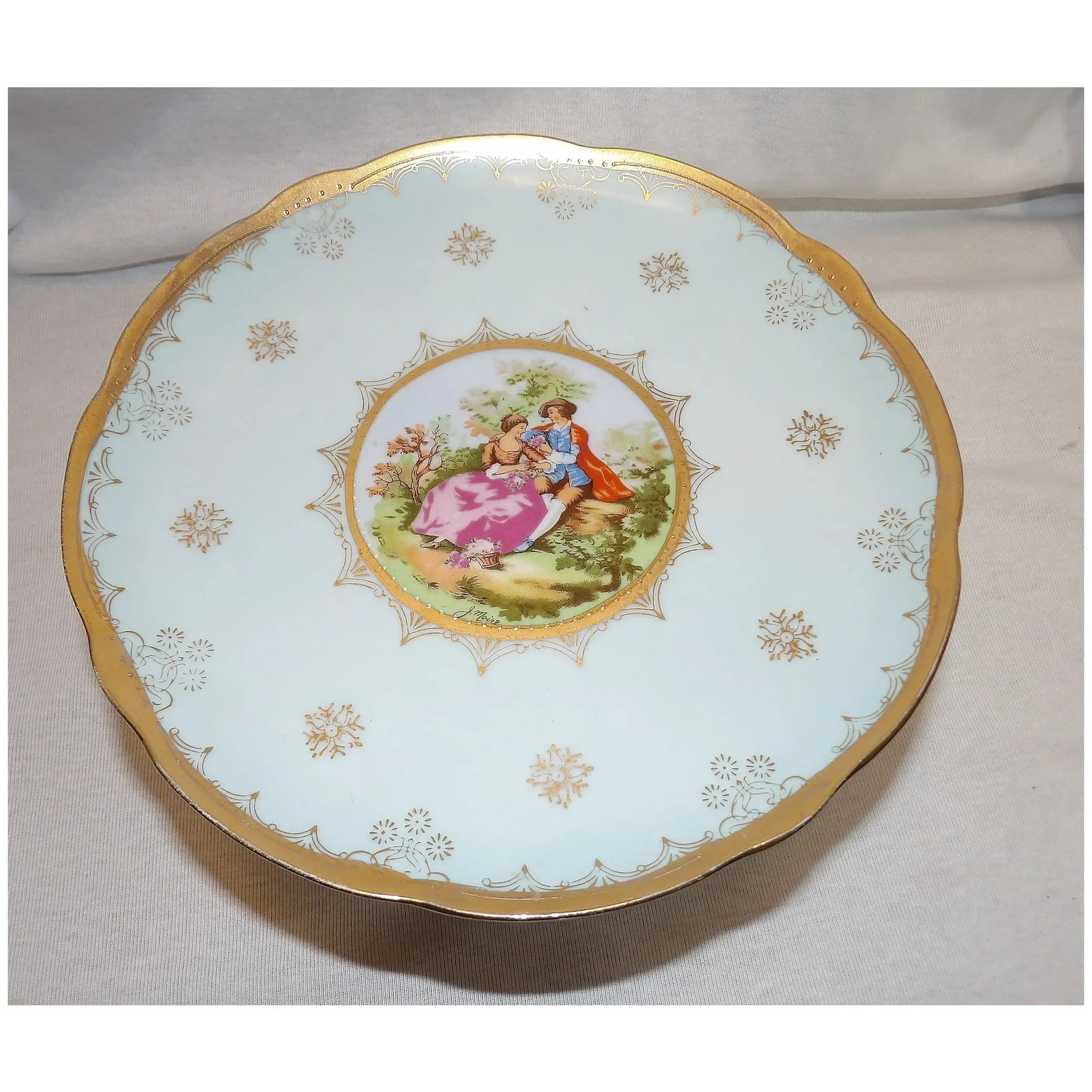 Antique Light Blue Cake Stand Courting Couple Circa 1920 Beehive or Shield Mark Back Stamp Signed J - 7