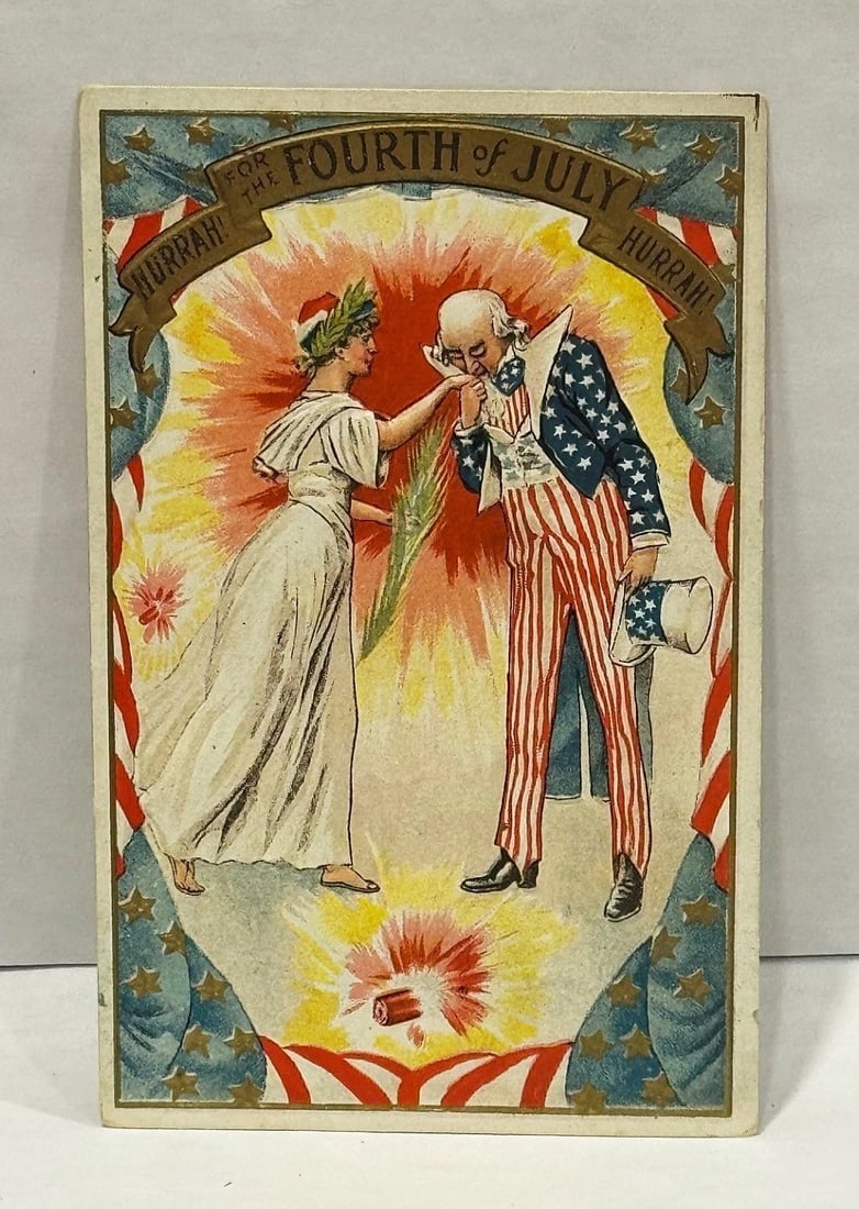 Patriotic Embossed Post Card Uncle Sam & Lady Liberty Hurrah! July 4th Flag 1910 - 2