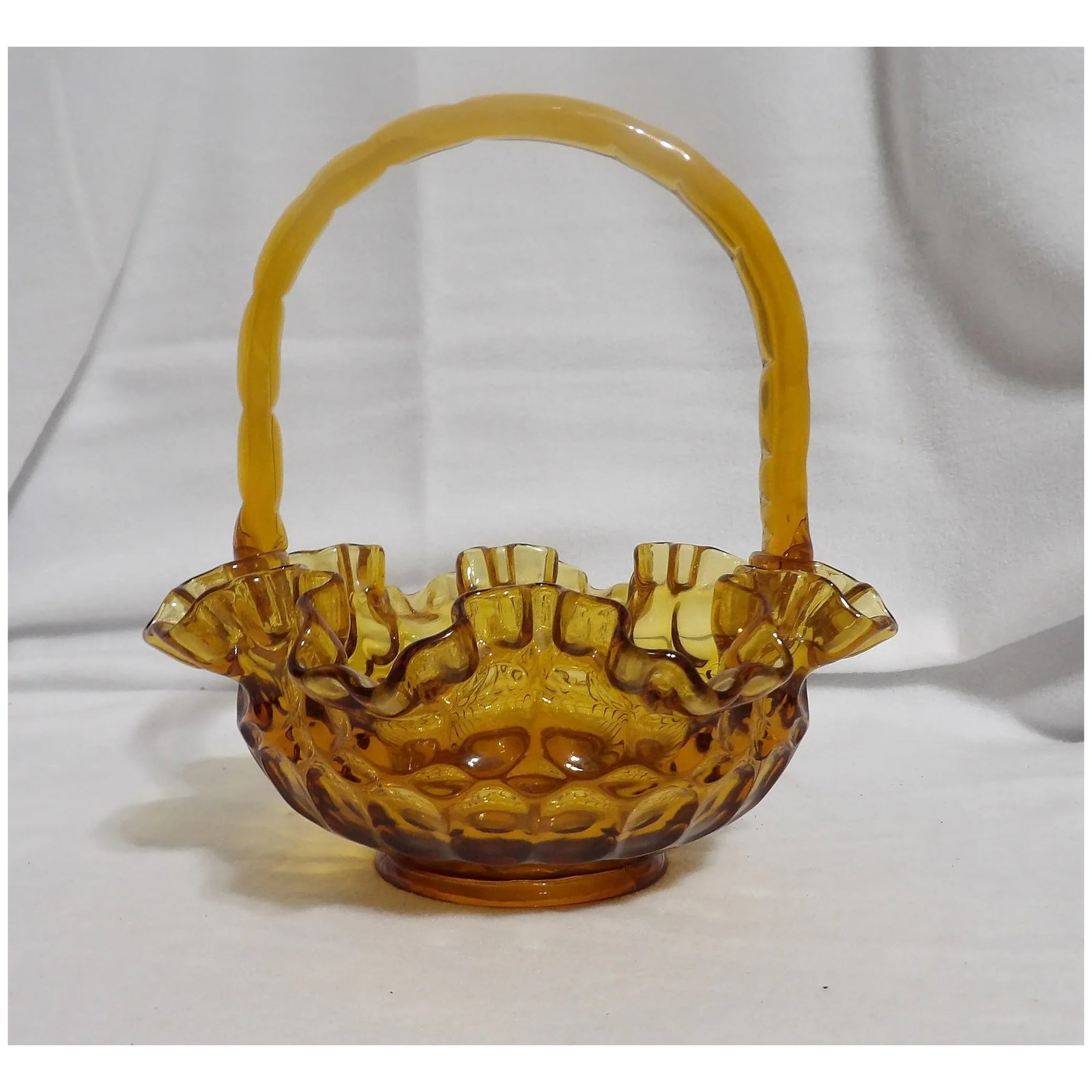 Vintage Colonial Thumbprint Fenton 8"Amber Glass Basket 1960s Ruffled Edge - 2