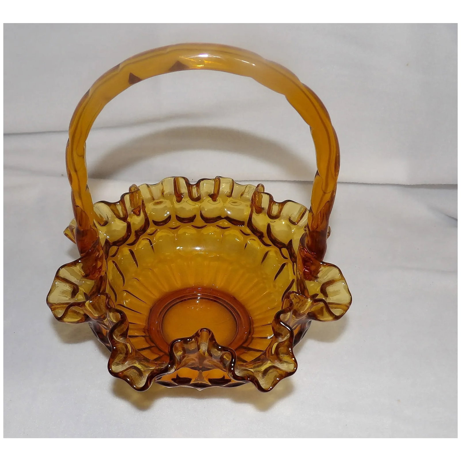 Vintage Colonial Thumbprint Fenton 8"Amber Glass Basket 1960s Ruffled Edge - 3