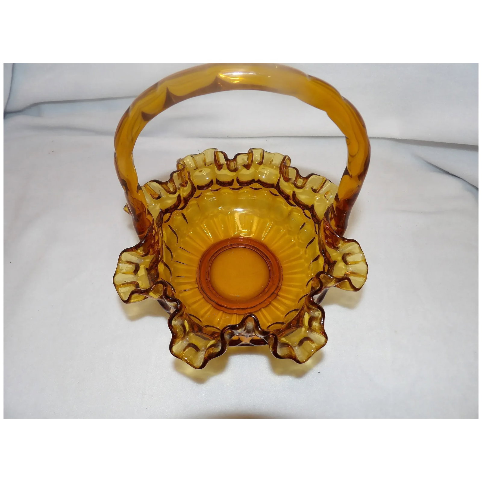 Vintage Colonial Thumbprint Fenton 8"Amber Glass Basket 1960s Ruffled Edge - 4