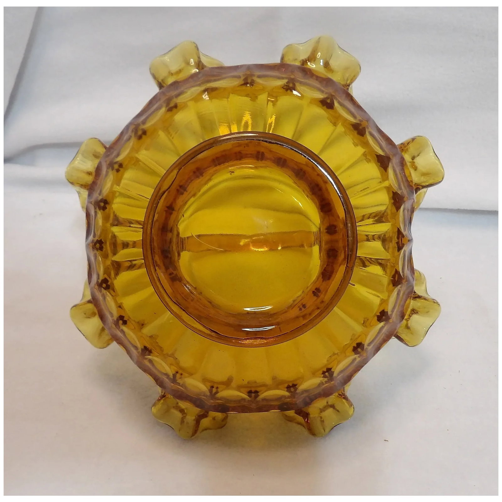 Vintage Colonial Thumbprint Fenton 8"Amber Glass Basket 1960s Ruffled Edge - 5