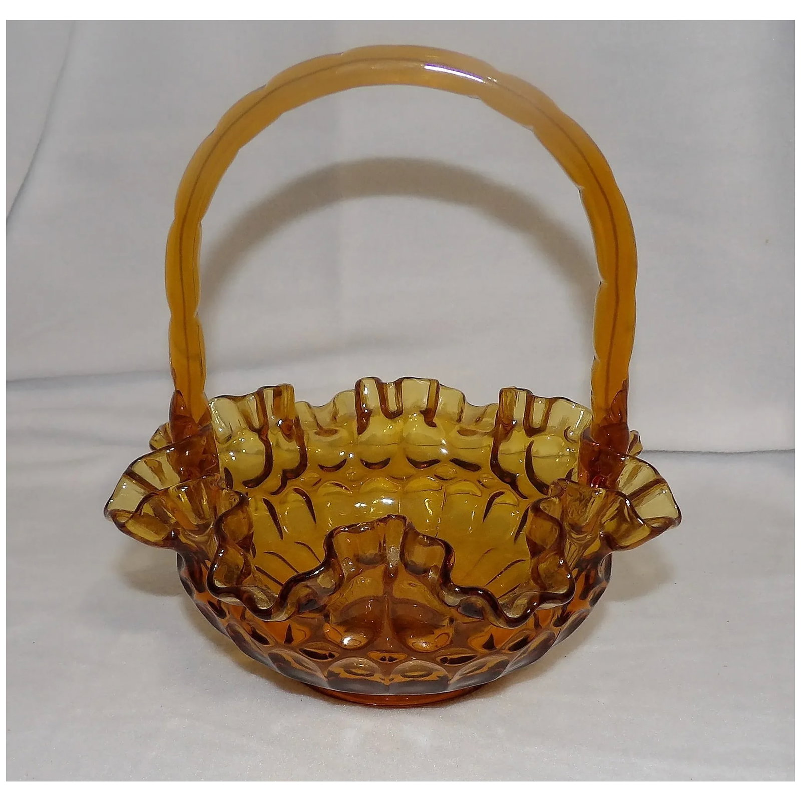 Vintage Colonial Thumbprint Fenton 8"Amber Glass Basket 1960s Ruffled Edge - 6