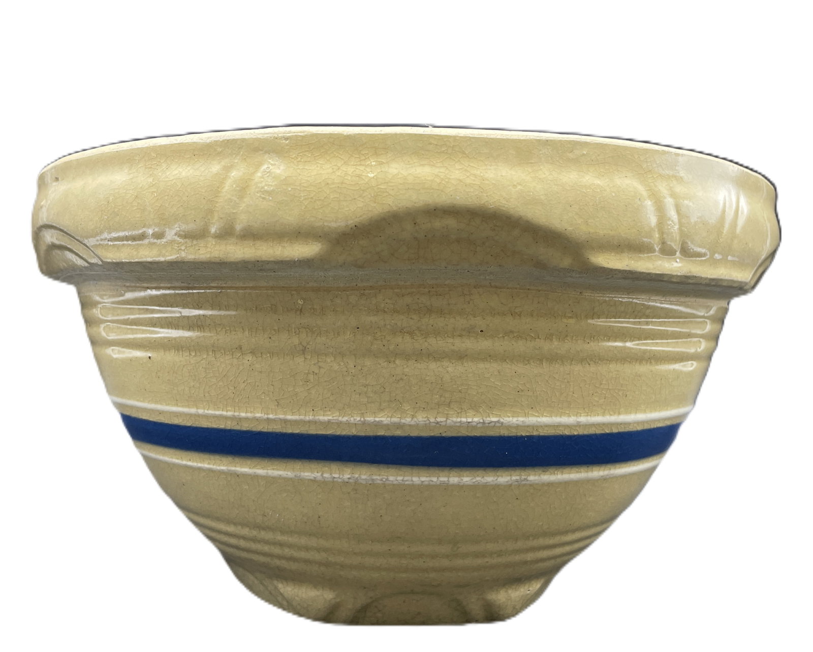 Antique Stoneware Yellowware Blue & White Bands Mixing Bowl Banded Yellow Ware - 2