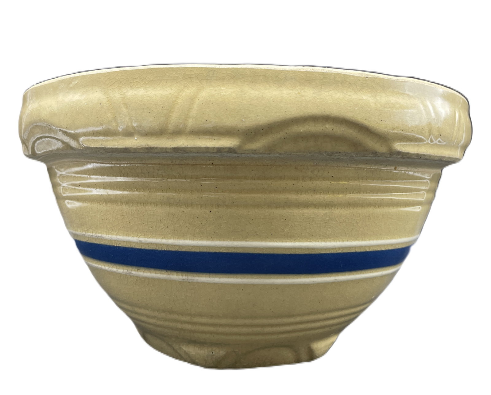 Antique Stoneware Yellowware Blue & White Bands Mixing Bowl Banded Yellow Ware - 3