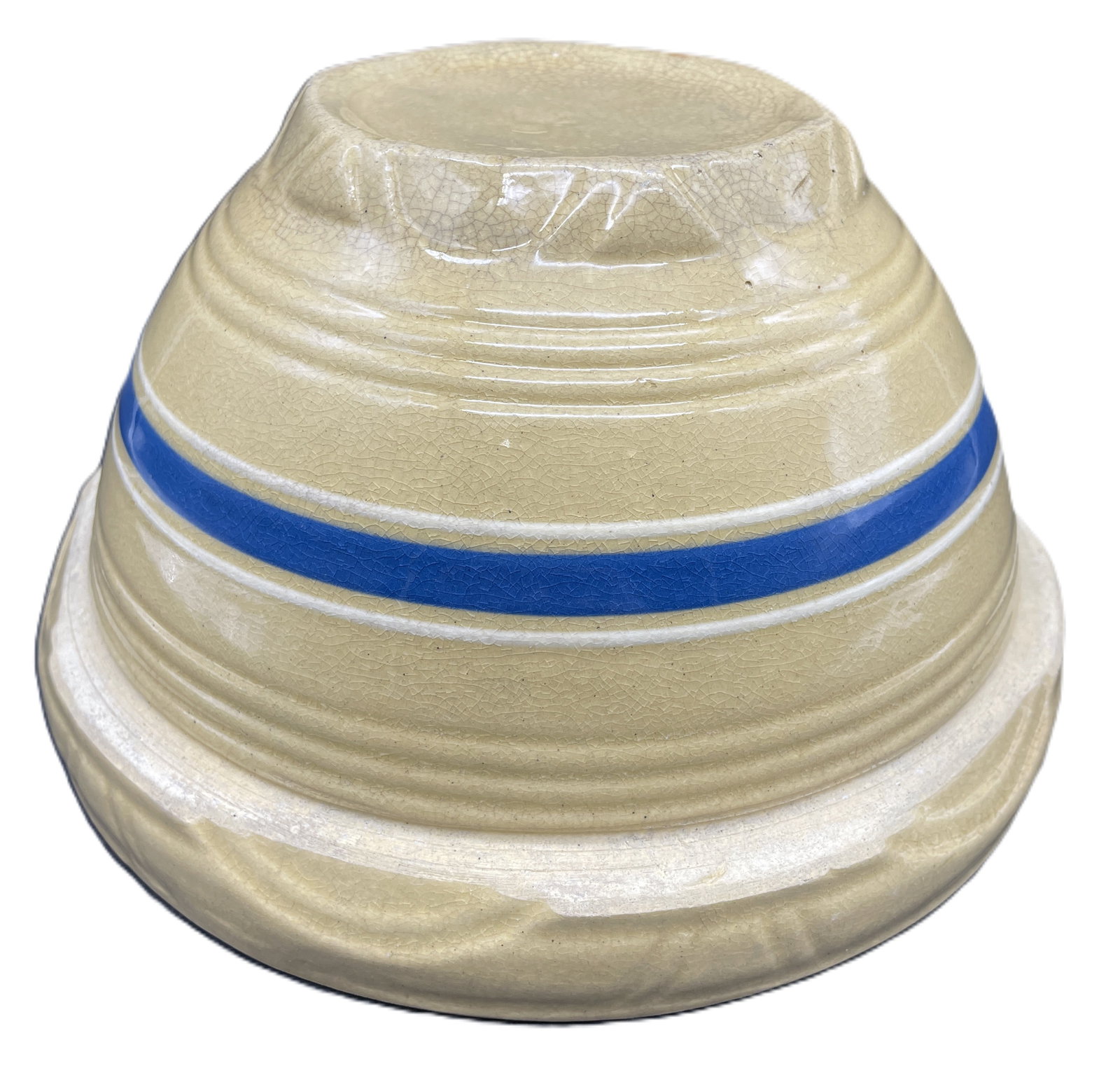 Antique Stoneware Yellowware Blue & White Bands Mixing Bowl Banded Yellow Ware - 5