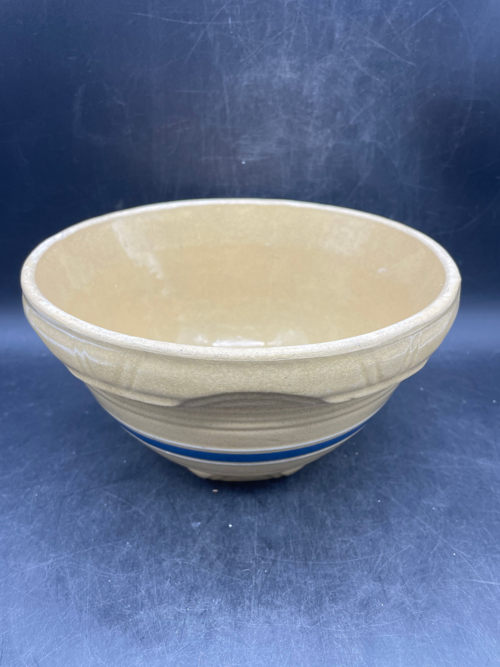 Antique Stoneware Yellowware Blue & White Bands Mixing Bowl Banded Yellow Ware - 8