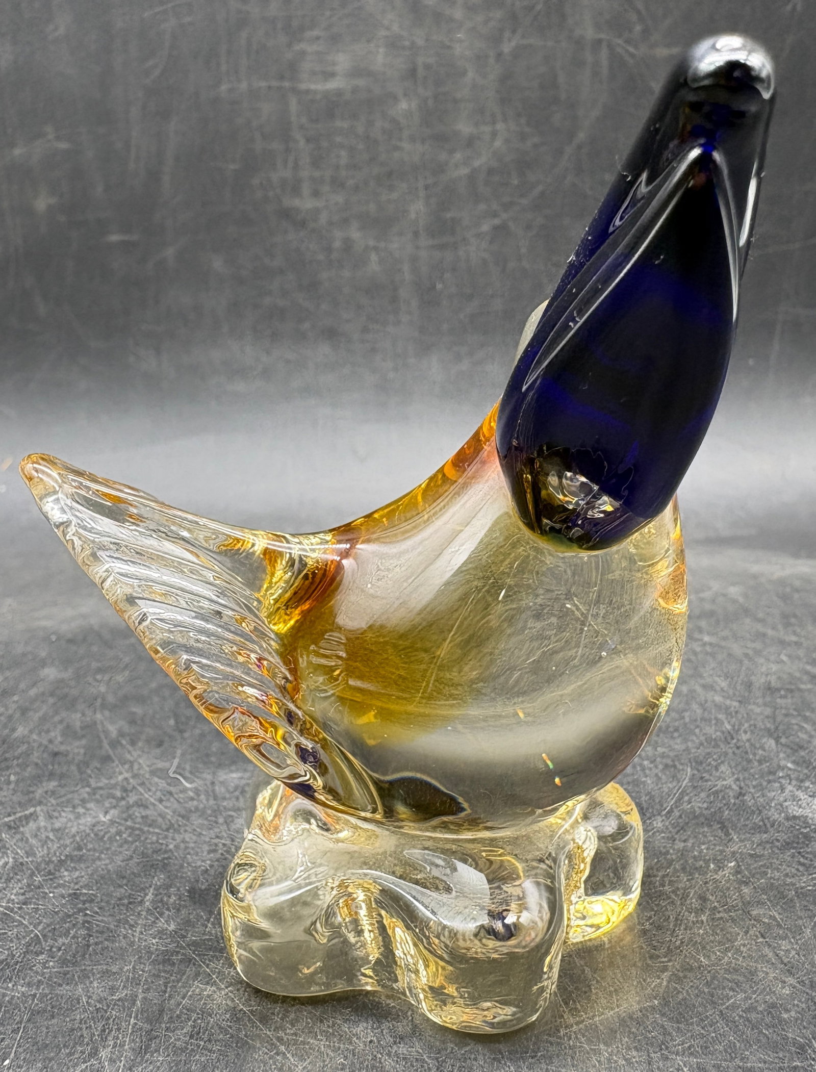 Vintage Art Glass Pelican Bird Figurine Cobalt Blue Beak Amber Clear - 2