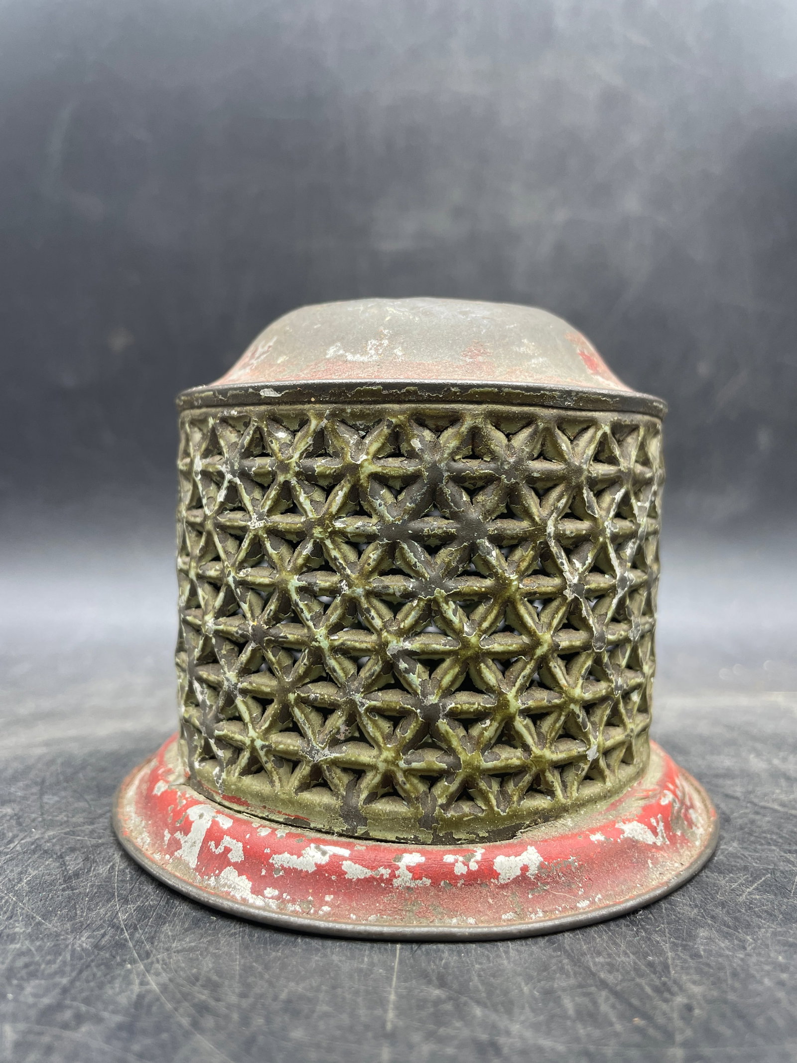 Antique Pierced Tin Still Coin Bank Original Old Paint Red - 2