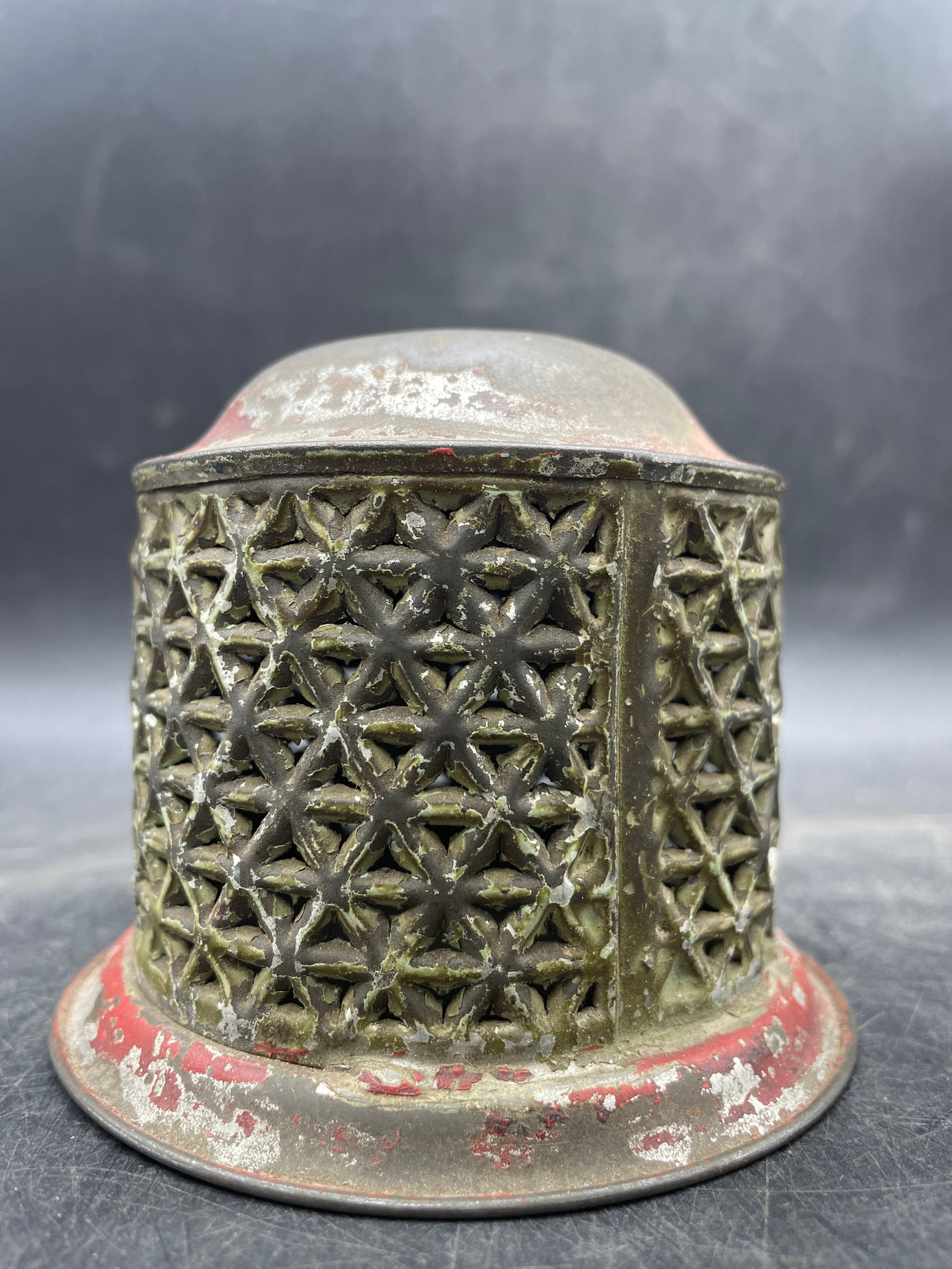 Antique Pierced Tin Still Coin Bank Original Old Paint Red - 7