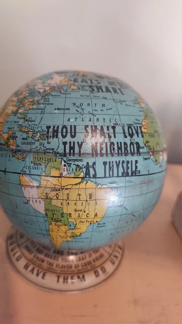 Fundraiser World Globe For Church LOVE THY NEIGHBOR 1938: Great looking piece. guessing it was used for collection for missionaries all over the world. Printed on bottom CRACE NOLL CROWELL-AMERICAN MOTHER 1938. Approximately 5" high. Shipping costs include i