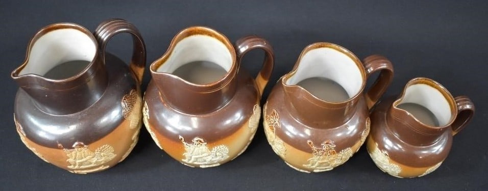Antique Doulton Lambeth England Pottery Harvest Stag Hunt - 4 Graduated Pitchers - 2