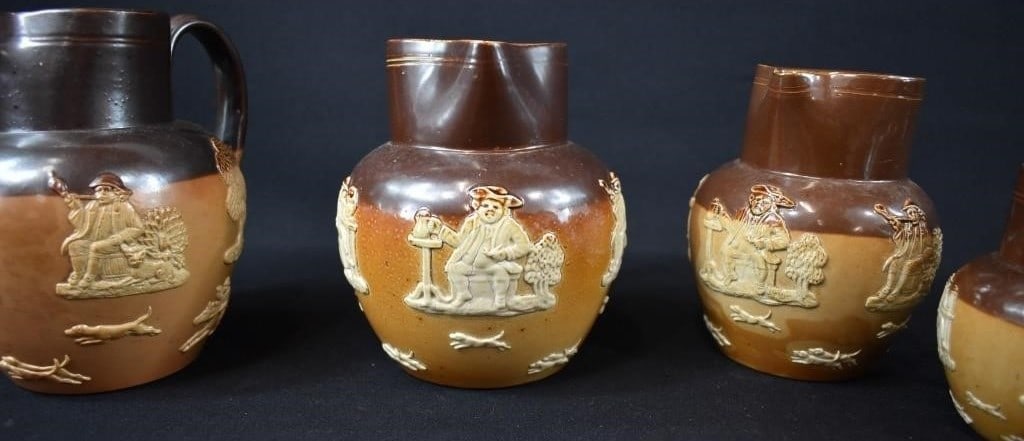 Antique Doulton Lambeth England Pottery Harvest Stag Hunt - 4 Graduated Pitchers - 3