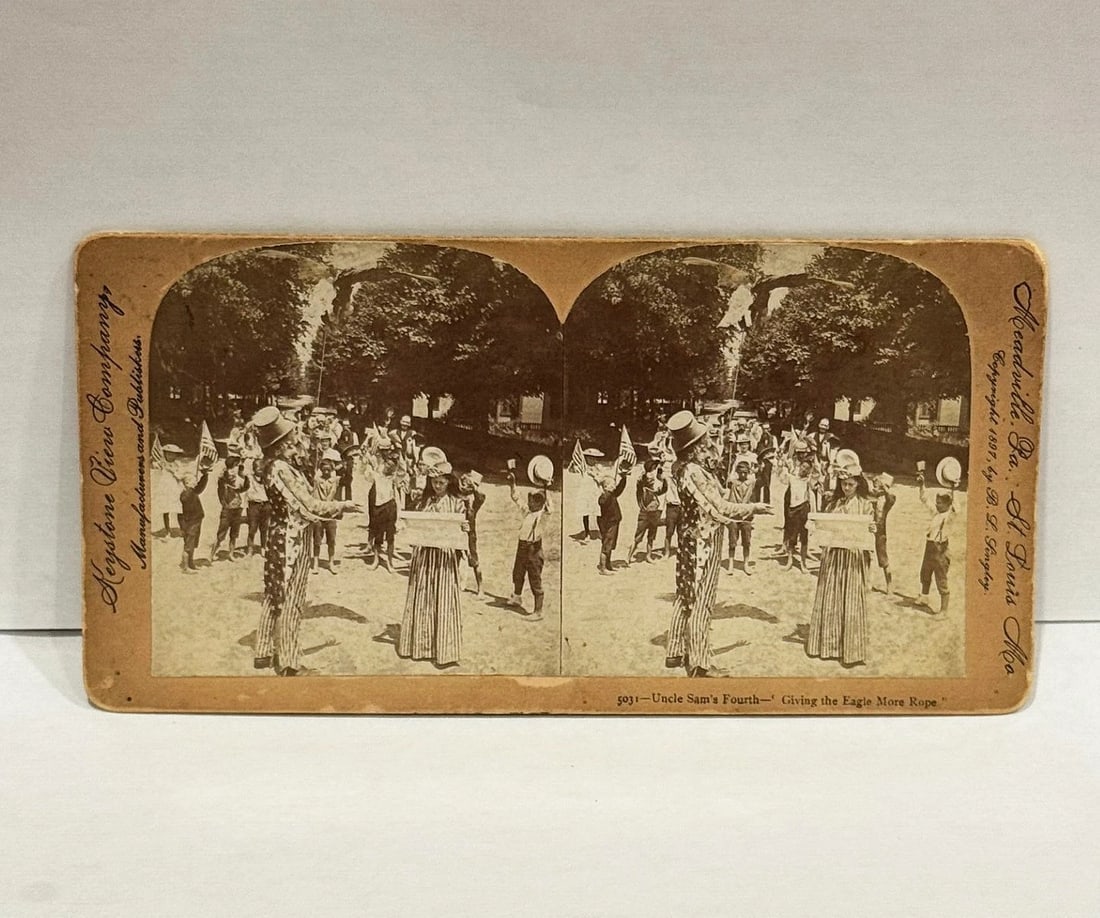 Patriotic Uncle Sam's Fourth 1897 Stereo View American Flags (1 of 3)