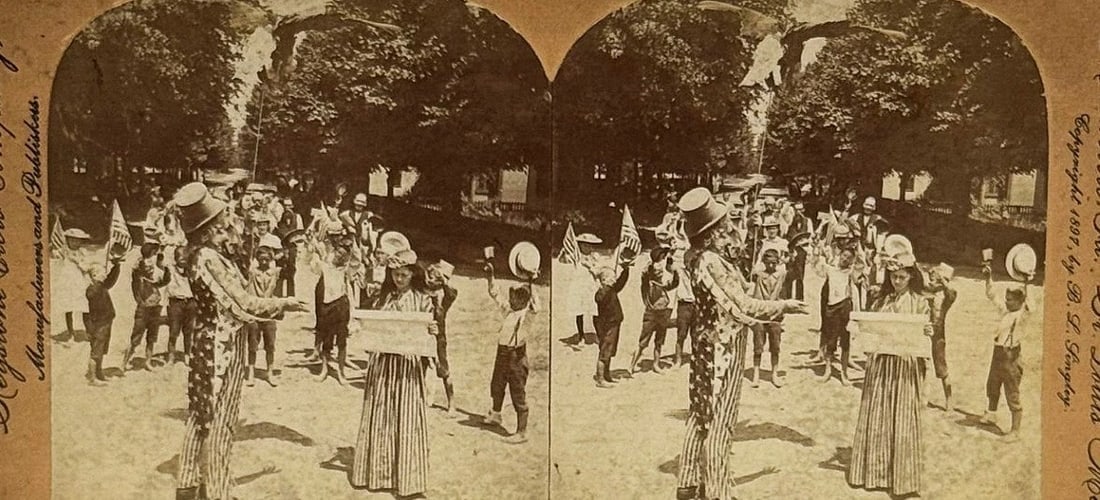 Patriotic Uncle Sam's Fourth 1897 Stereo View American Flags - 2