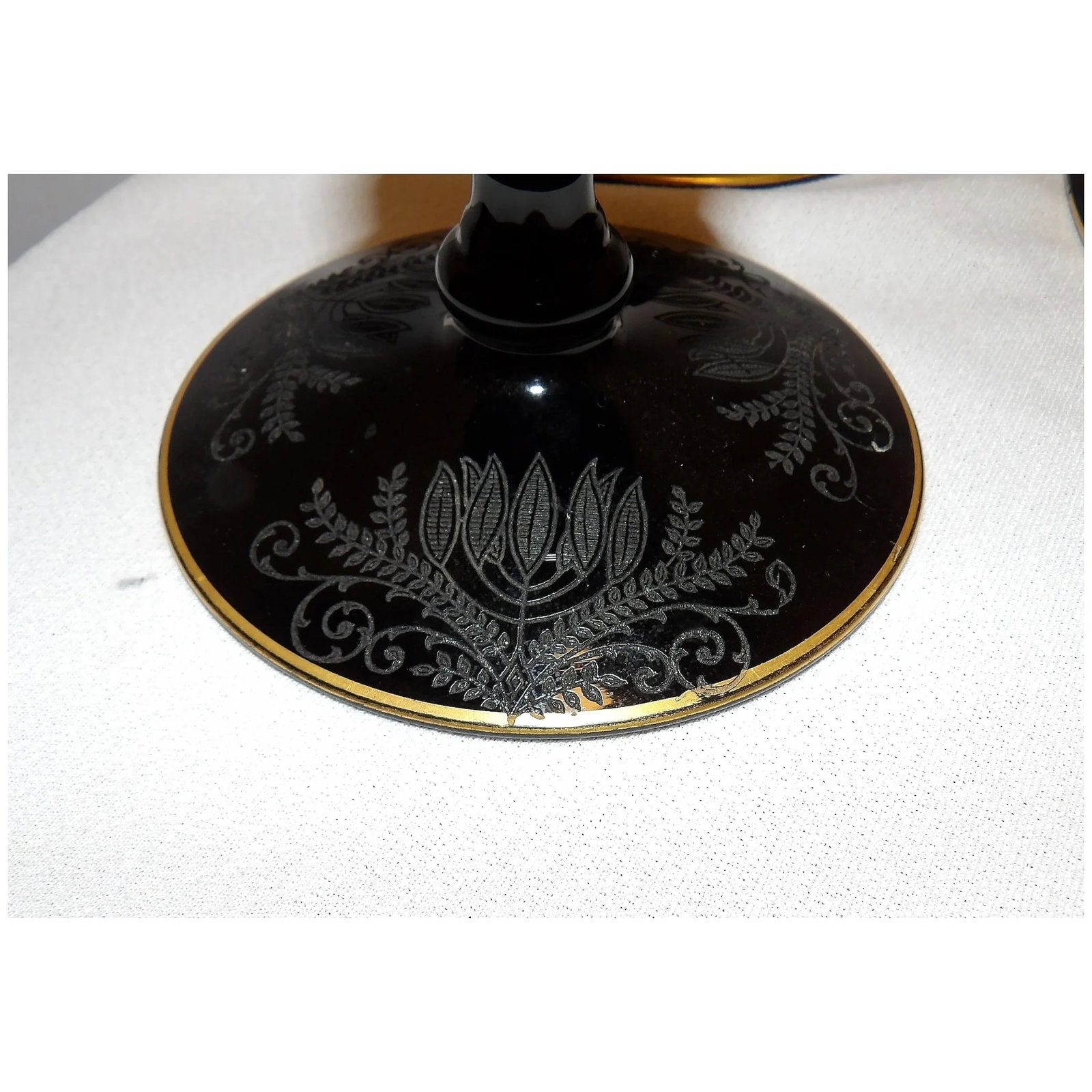 Vintage Fostoria Ebony Black Glass Fern Etched Footed Console Bowl - 10