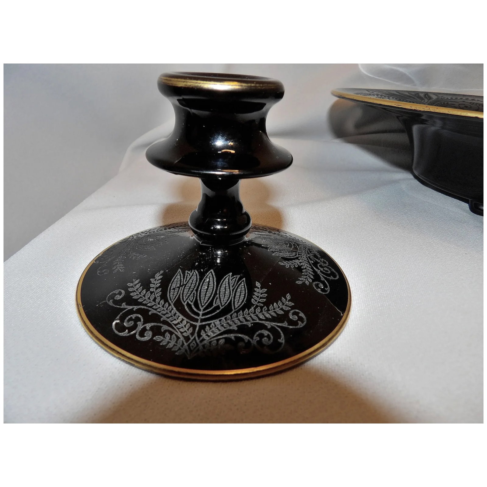 Vintage Fostoria Ebony Black Glass Fern Etched Footed Console Bowl - 11