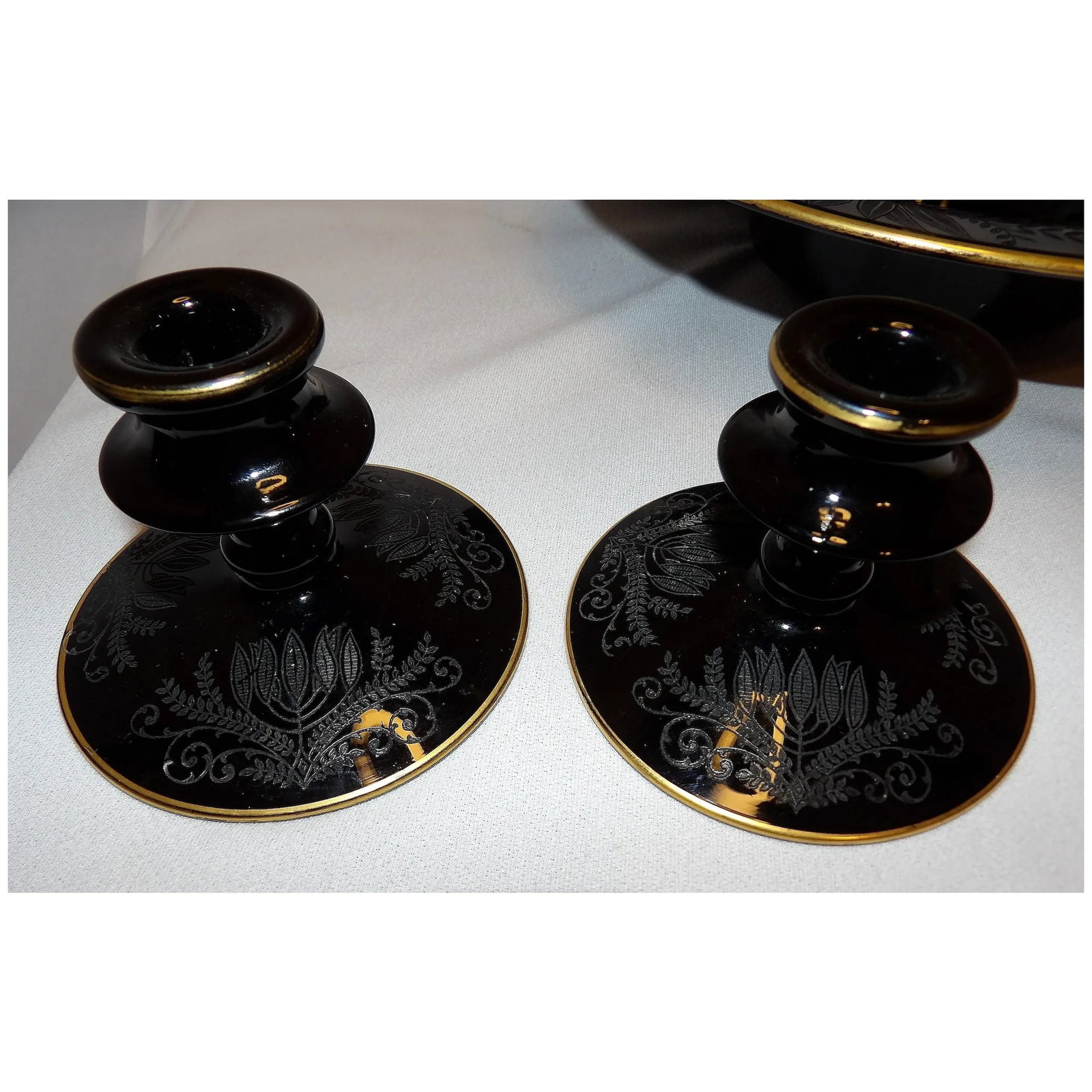 Vintage Fostoria Ebony Black Glass Fern Etched Footed Console Bowl - 12