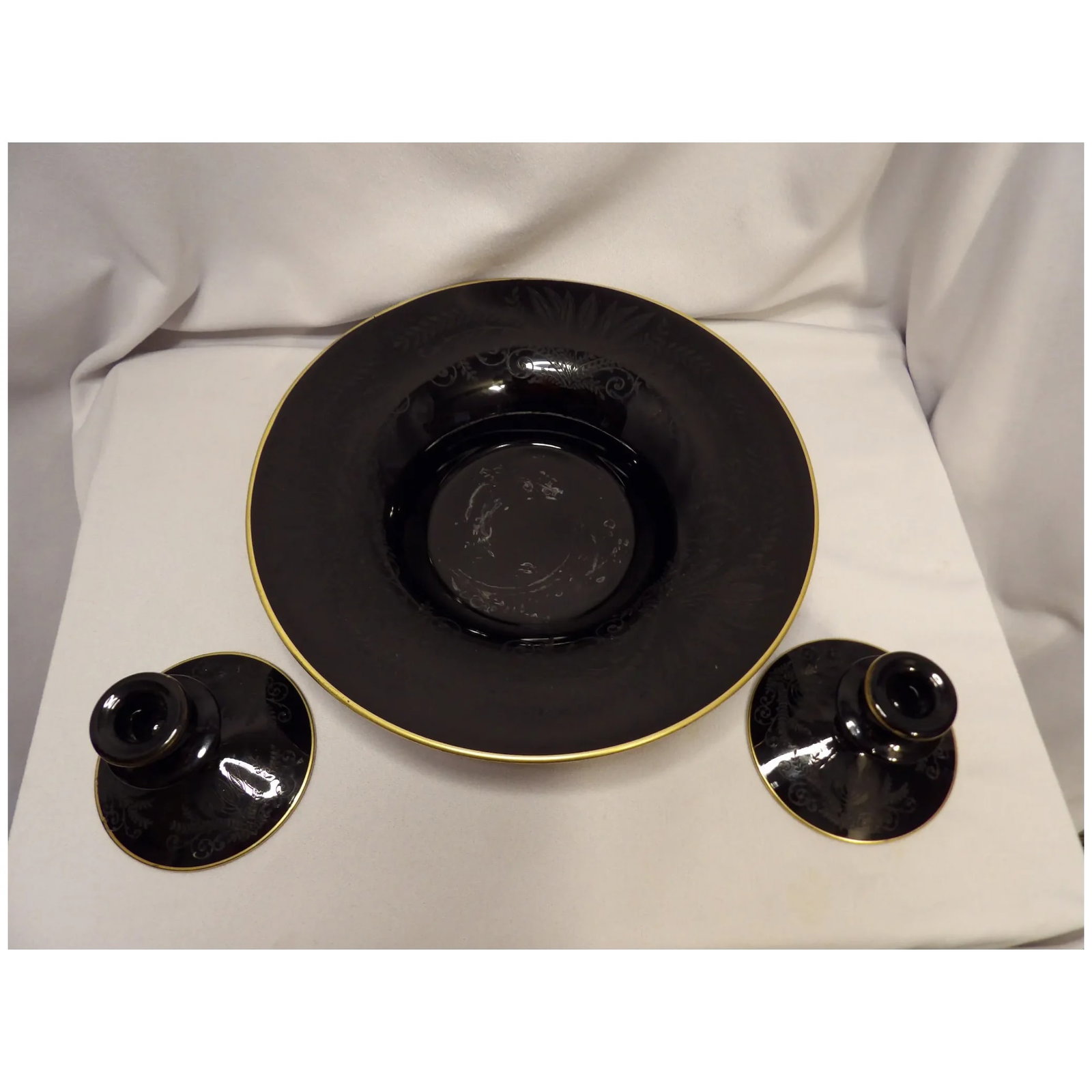 Vintage Fostoria Ebony Black Glass Fern Etched Footed Console Bowl - 14