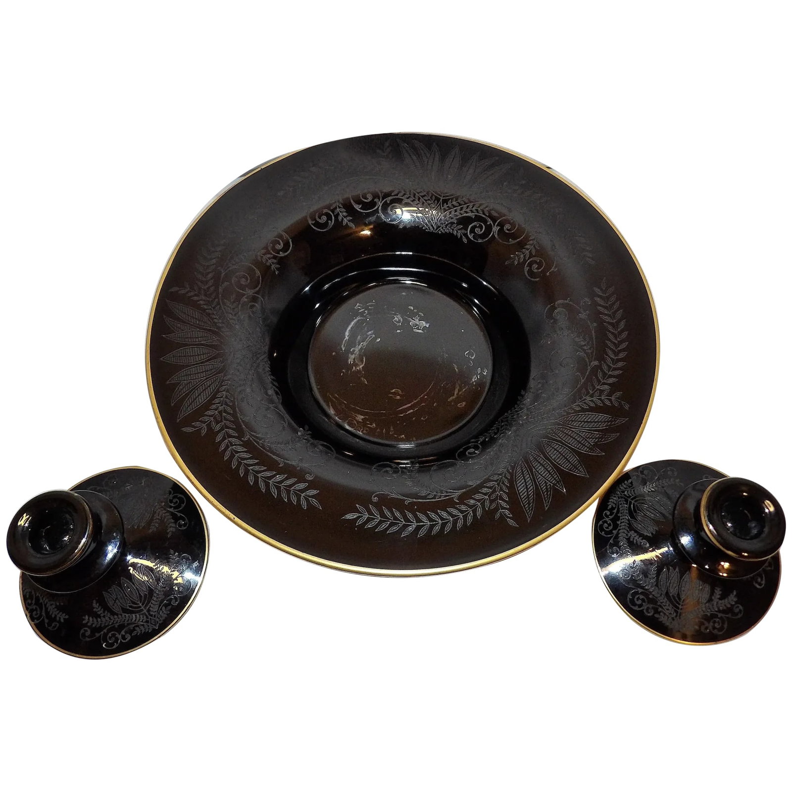 Vintage Fostoria Ebony Black Glass Fern Etched Footed Console Bowl (1 of 14)