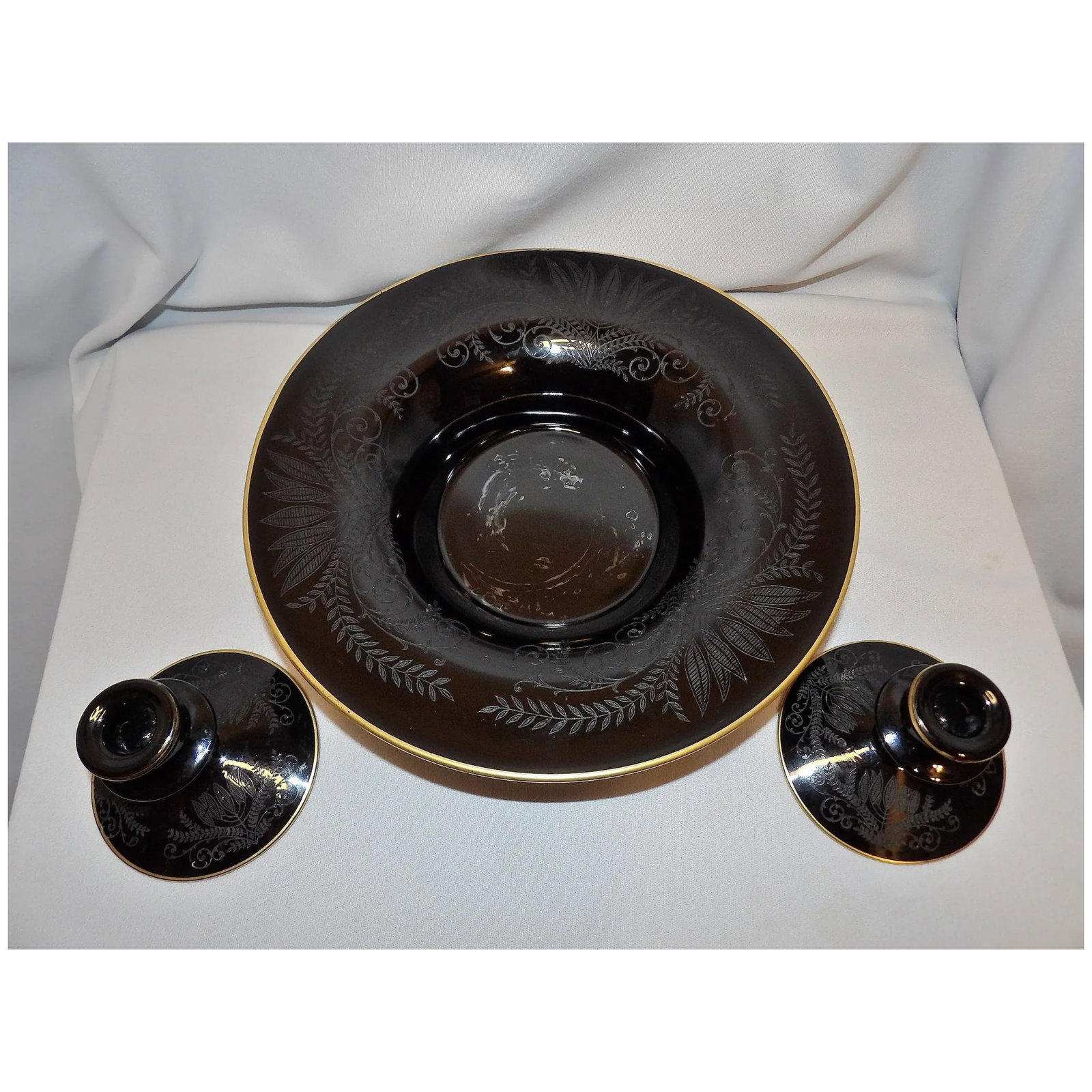 Vintage Fostoria Ebony Black Glass Fern Etched Footed Console Bowl - 2