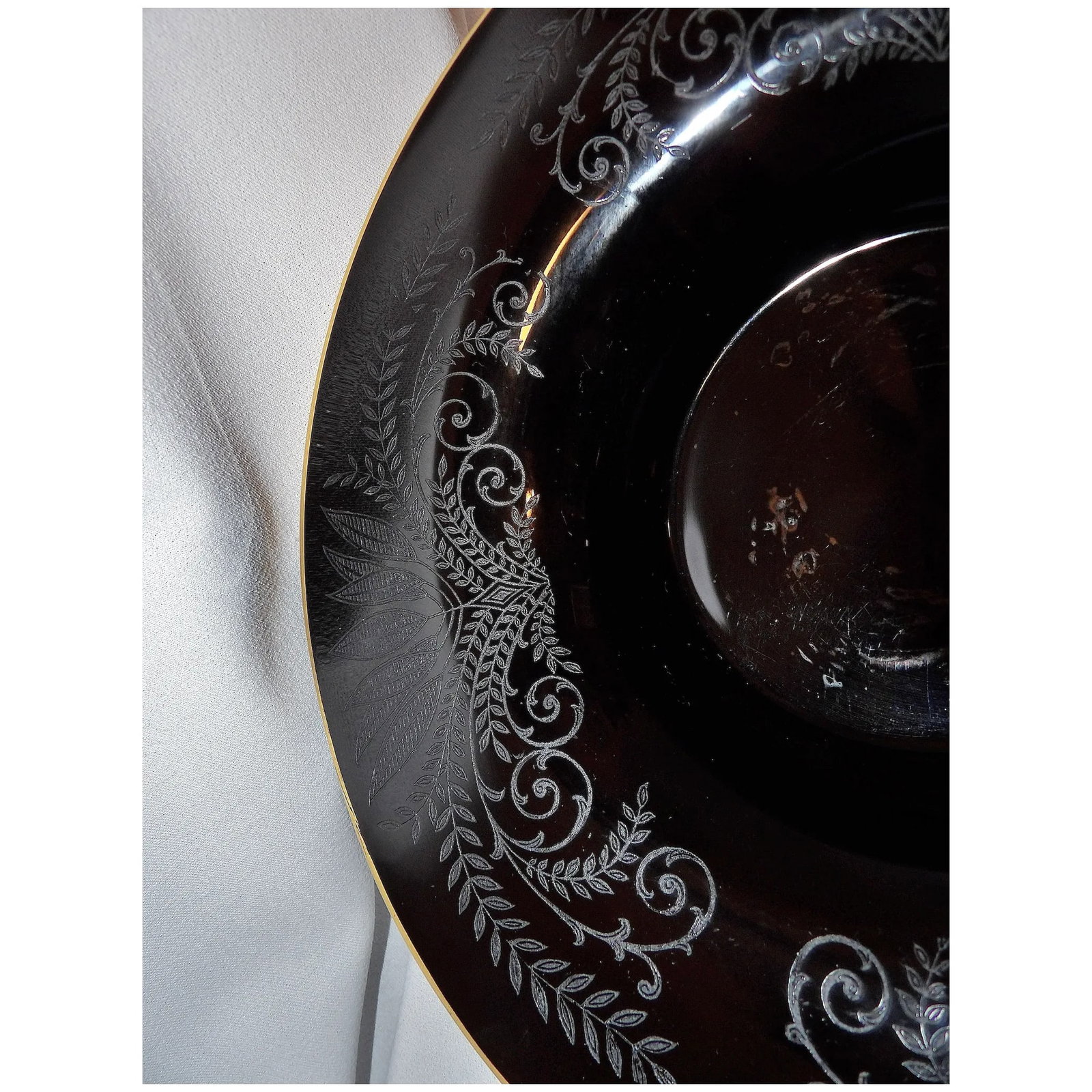 Vintage Fostoria Ebony Black Glass Fern Etched Footed Console Bowl - 3