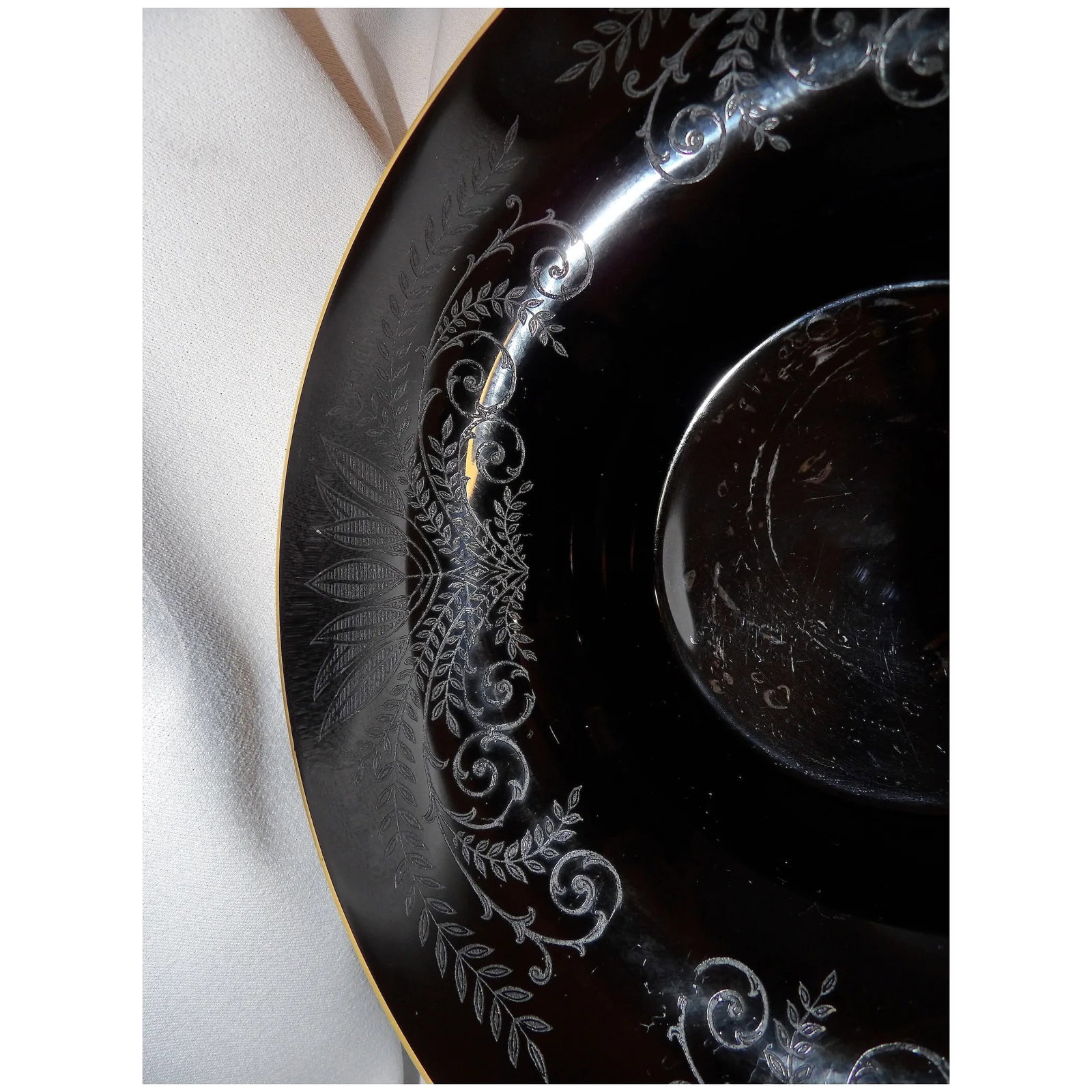 Vintage Fostoria Ebony Black Glass Fern Etched Footed Console Bowl - 4