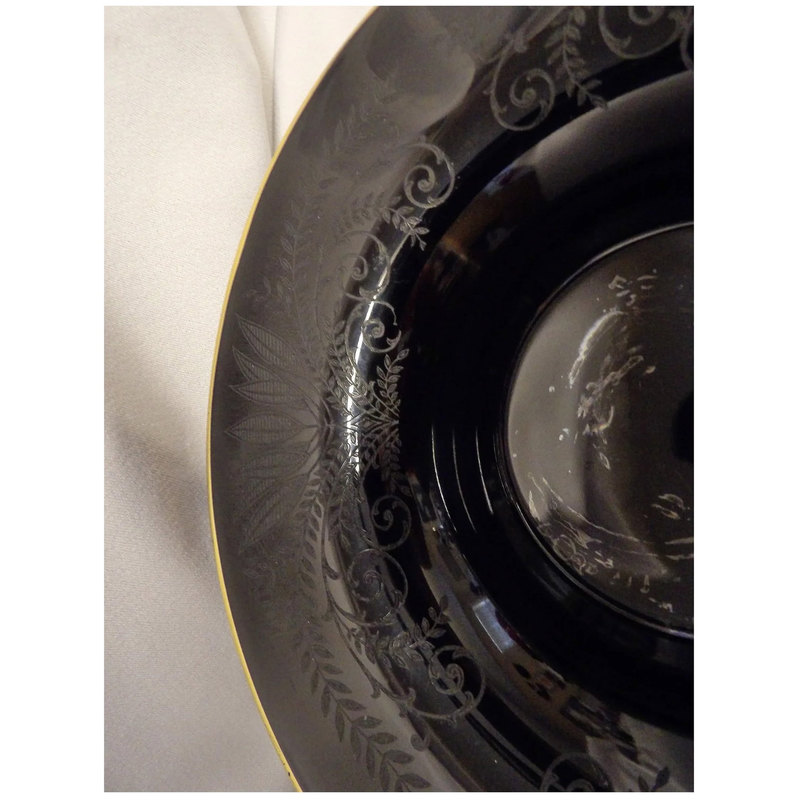 Vintage Fostoria Ebony Black Glass Fern Etched Footed Console Bowl - 5