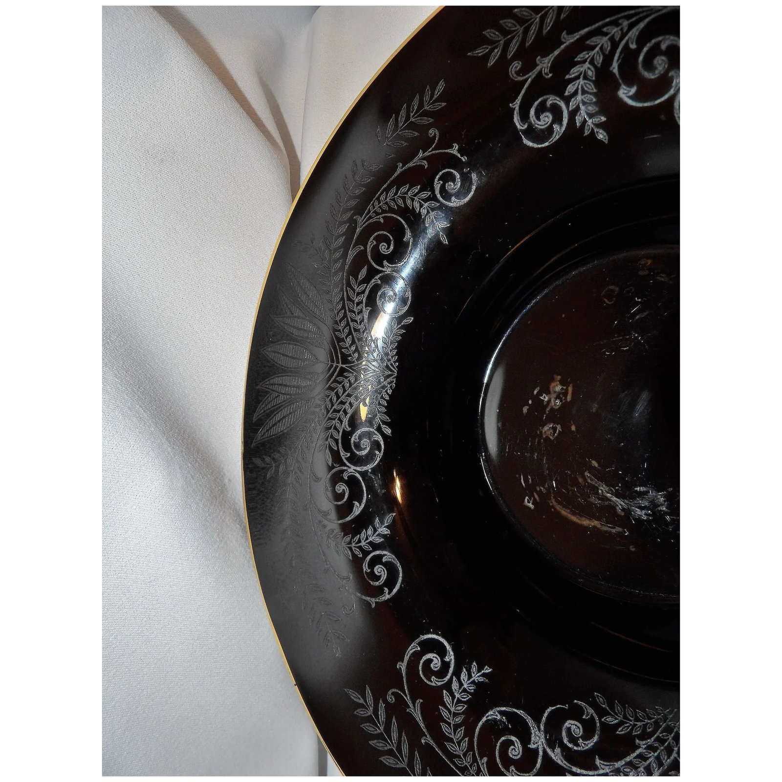 Vintage Fostoria Ebony Black Glass Fern Etched Footed Console Bowl - 6