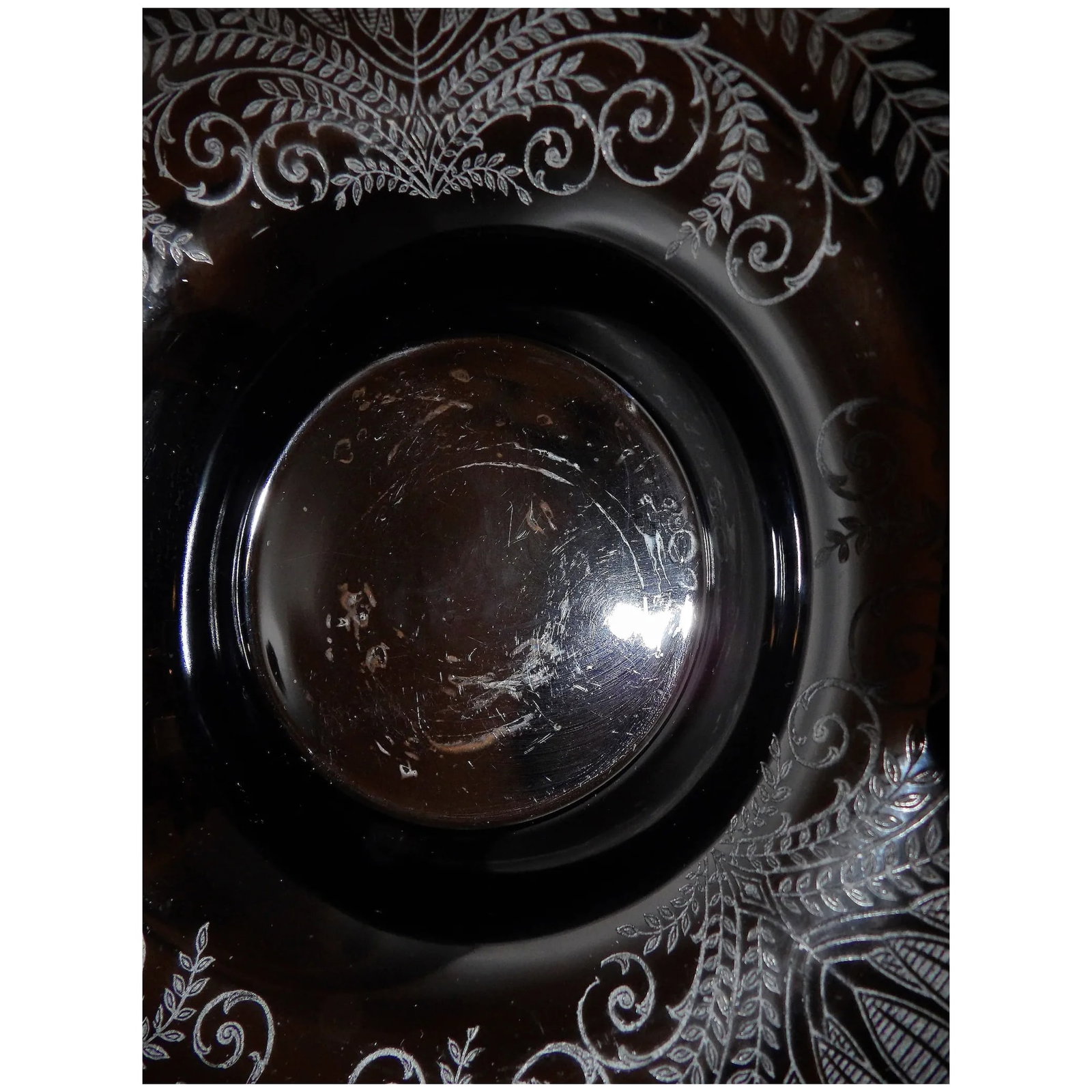 Vintage Fostoria Ebony Black Glass Fern Etched Footed Console Bowl - 7