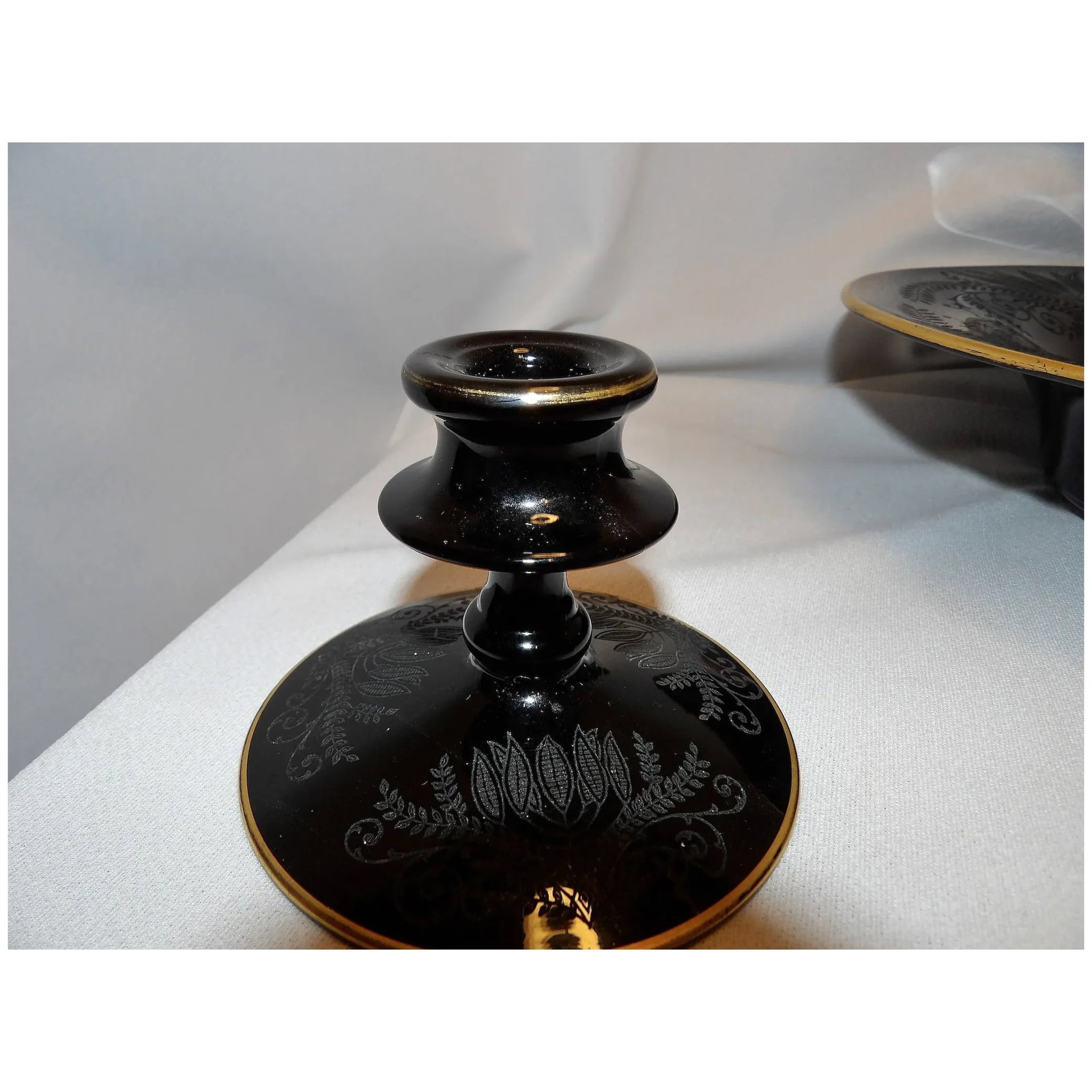 Vintage Fostoria Ebony Black Glass Fern Etched Footed Console Bowl - 8