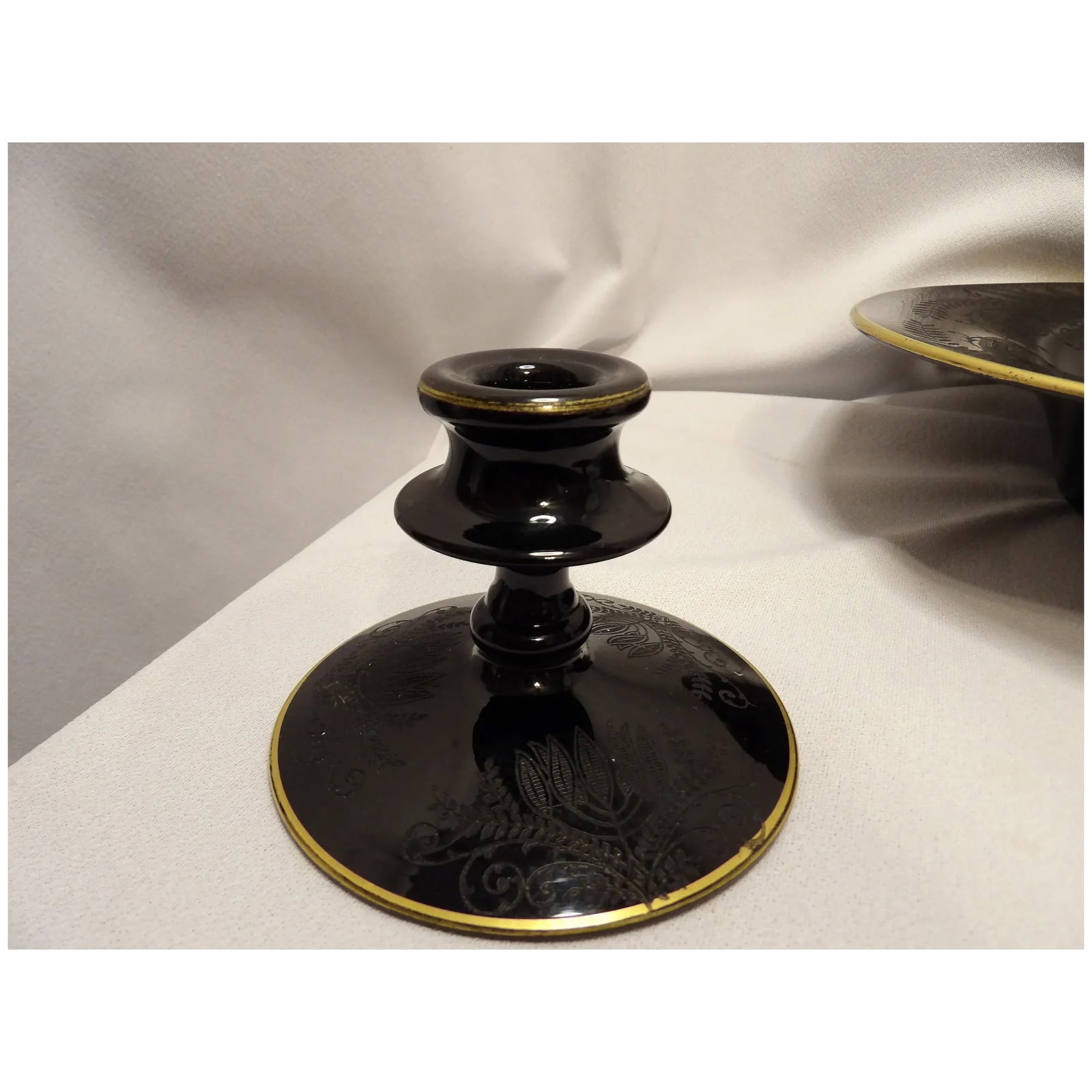 Vintage Fostoria Ebony Black Glass Fern Etched Footed Console Bowl - 9