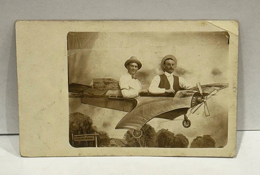 RPPC Real Photo Postcard Studio Men in Fantasy Plane Hot Springs Early Card 1900 - 2